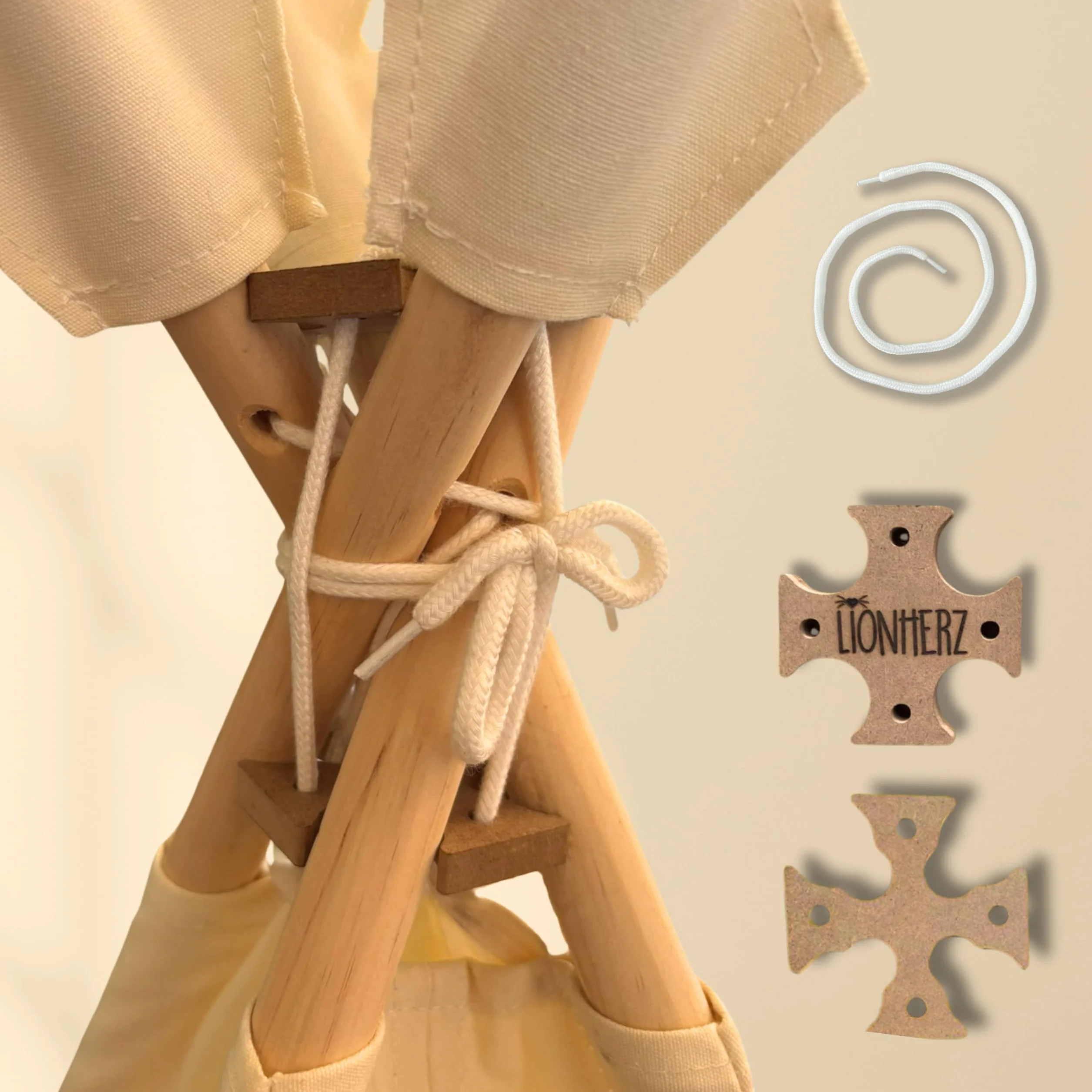 LIONHERZ® Tipi X - Stabilizzatore per tenda [Sistema anti-collasso] Stabilizzatore per ogni Tipi con 4 aste | Accessori per Tippi | 2 parti in legno più corda, senza piccole parti ingeribili per un