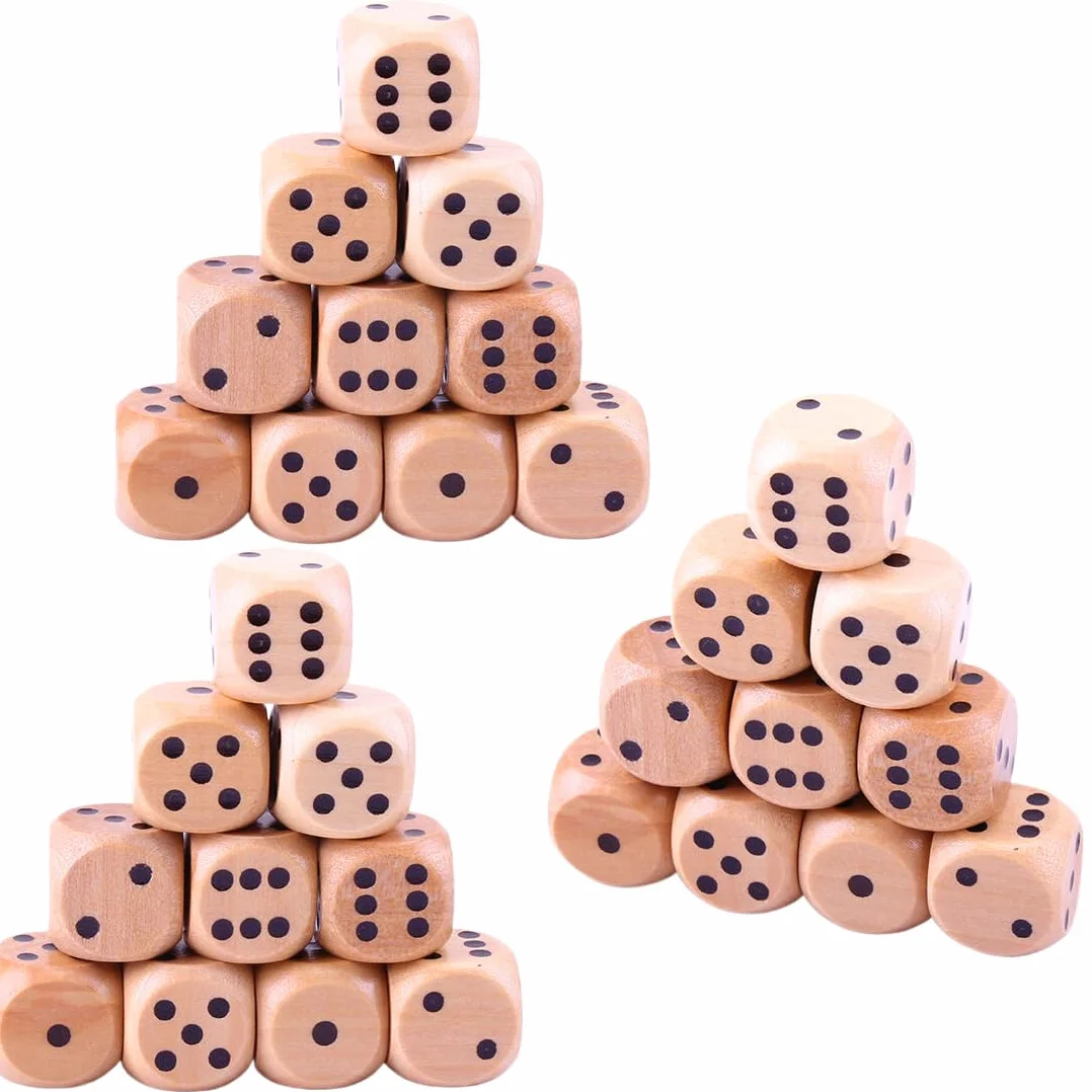 30 Pezzi Dadi in Legno Naturale, 6 Lati, Accessori per Giochi da Tavolo e di Carte
