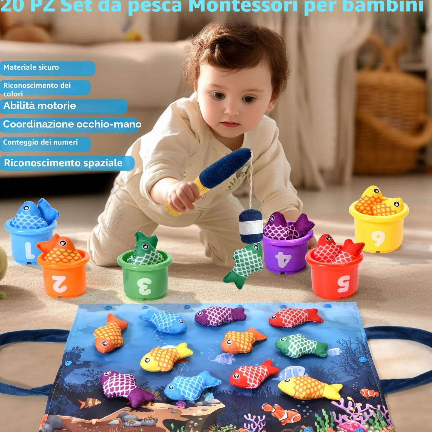 Gioco Montessori Pesca per Bambini 1-3 Anni - 12 Pesci Morbidi con Retino, Giocattolo Educativo per Sviluppo Motricità Fine e Coordinazione, Neonati 12-18 Mesi e Bambini