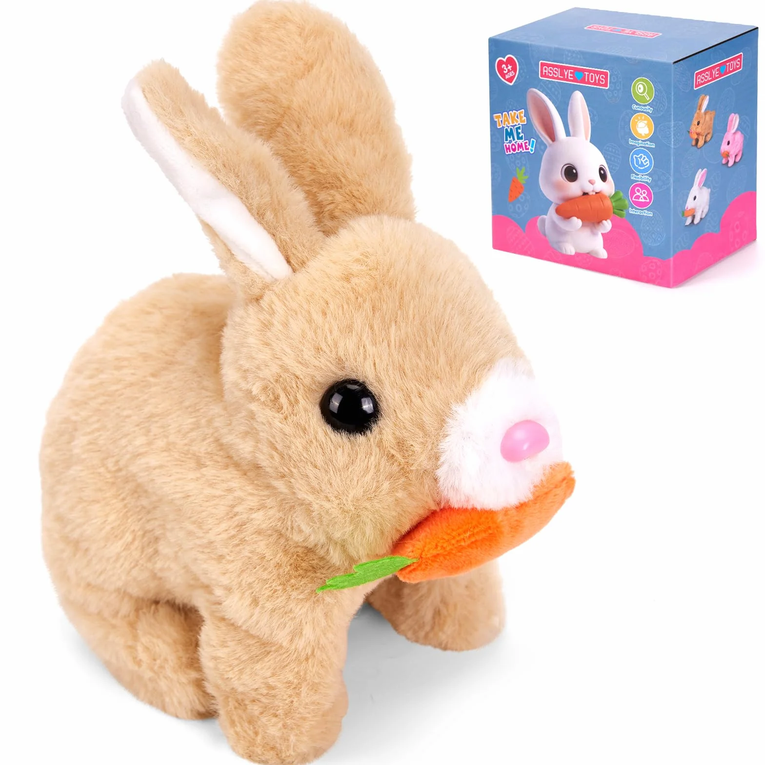 Giocattoli interattivi, coniglio che salta, coniglio di peluche piccoli, suoni e orecchie e naso si muovono, coniglietto di peluche per regali di Pasqua (marrone chiaro + confezione regalo)