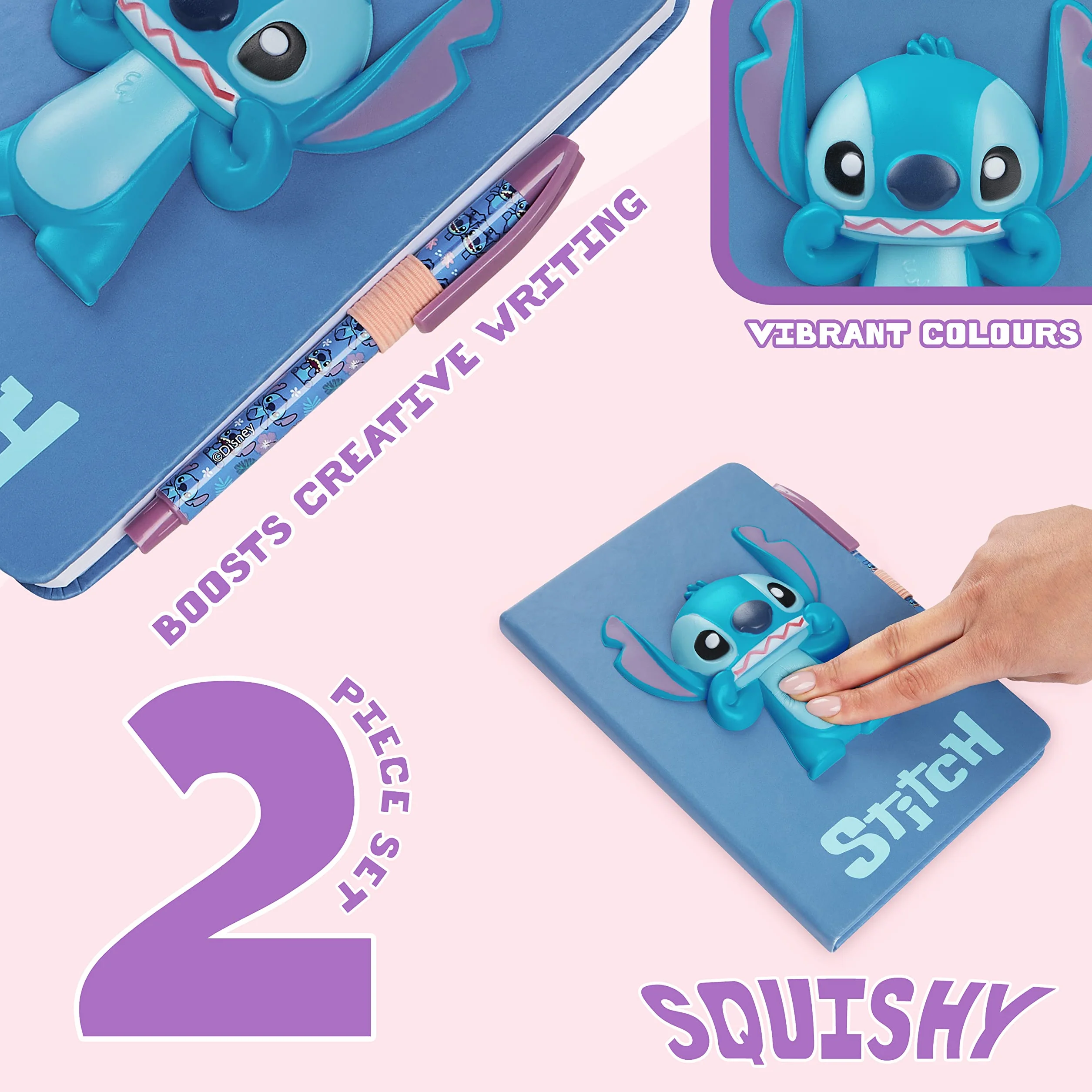 Disney Stitch Taccuino A5 e Penna Biro o Diario Lucchetto e Penna a Sfera Set Cancelleria Ufficio Scuola Regali Bambina (Blu 3D)