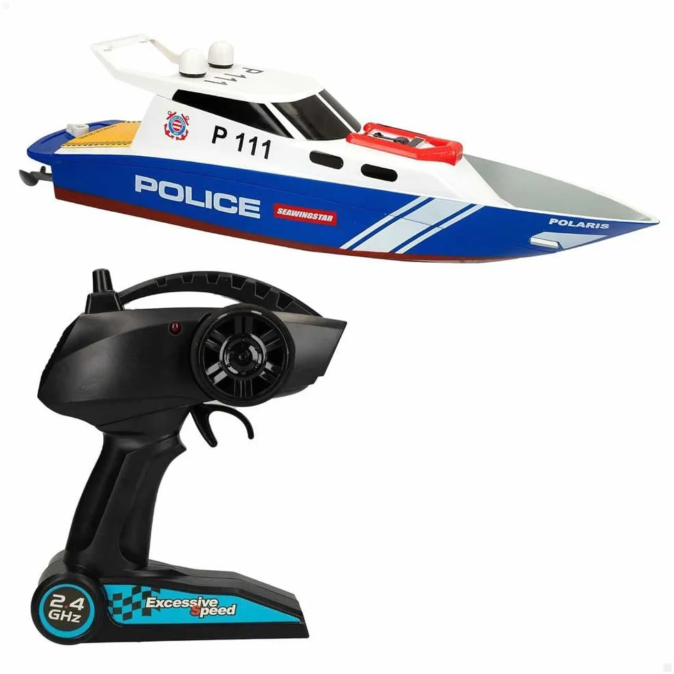 ColorBaby 47674 Racing Boat Barca radiocomandata polizia, 36x10x10 cm, Telecomando, 6 direzioni, 2.4 GHz, portata 35-40 m, barca RC, giocattoli radiocontrollati, giocattoli per bambini, +4 anni