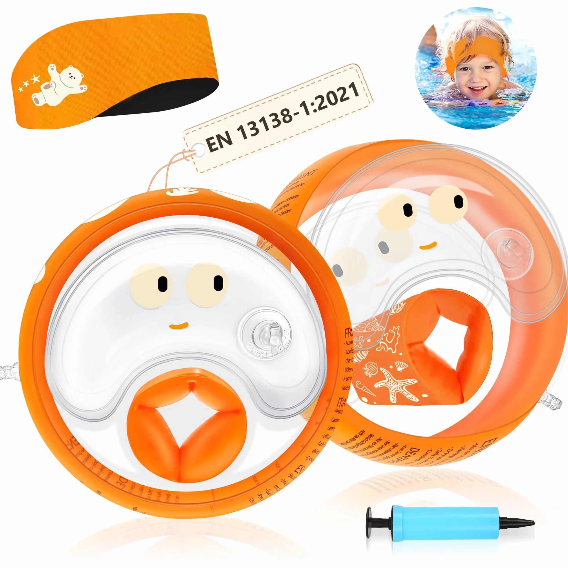 Braccioli Bambini con Fascia Protettiva per Orecchie, Braccioli di Sicurezza per Bambini 1-6 Anni, 3 Camere D'aria Indipendenti, Design Trasparente, Braccioli Gonfiabile per Piscina, Spiaggia