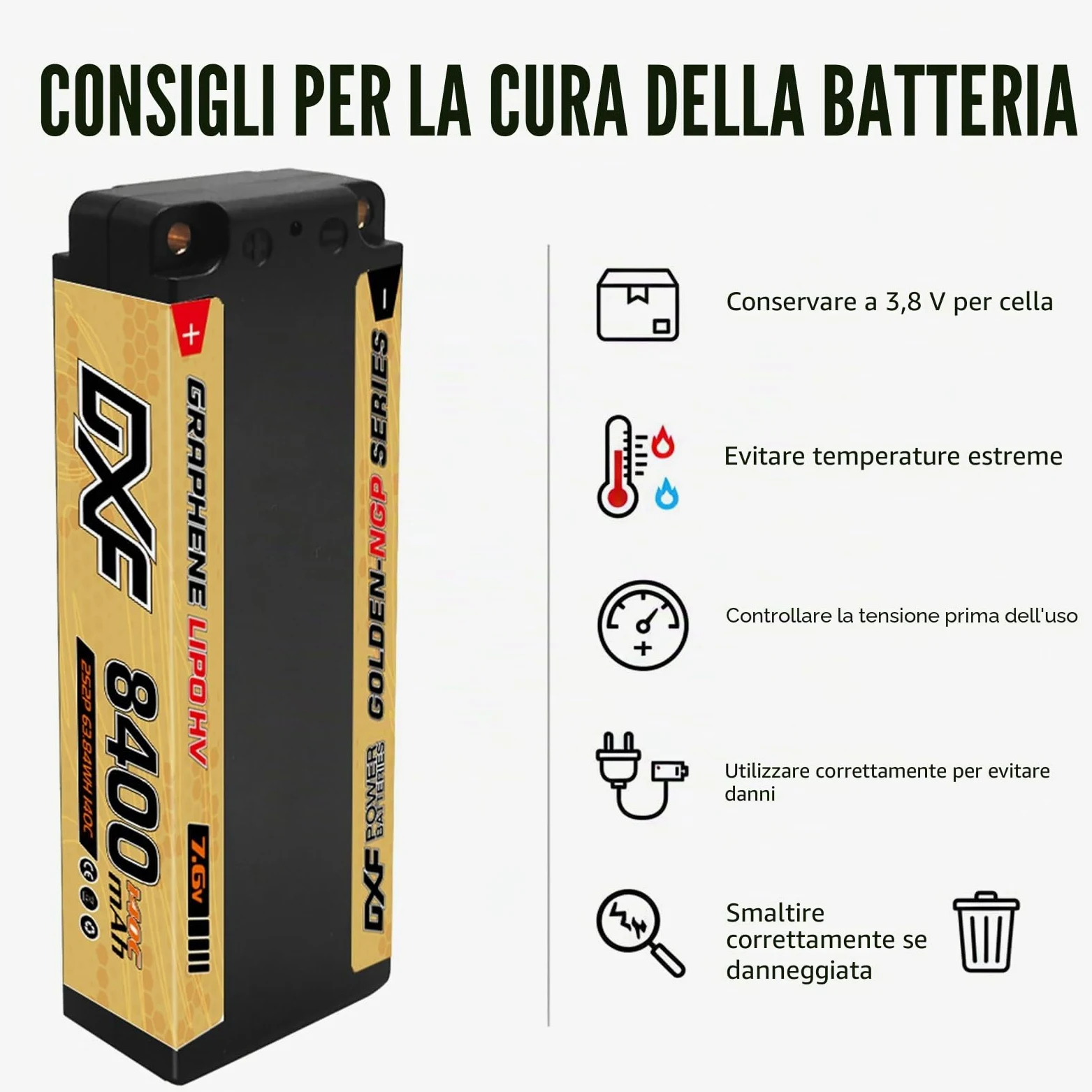 DXF Batteria LiPo 2S 7.6V 8400mAh 140C HV Spina Deans T Bullet 5mm EFRA Auto RC 1/8 1/10 Truck Buggy Touring Car Compatta Leggera Potente Gare Racing Corse Modellismo 2 Pezzi
