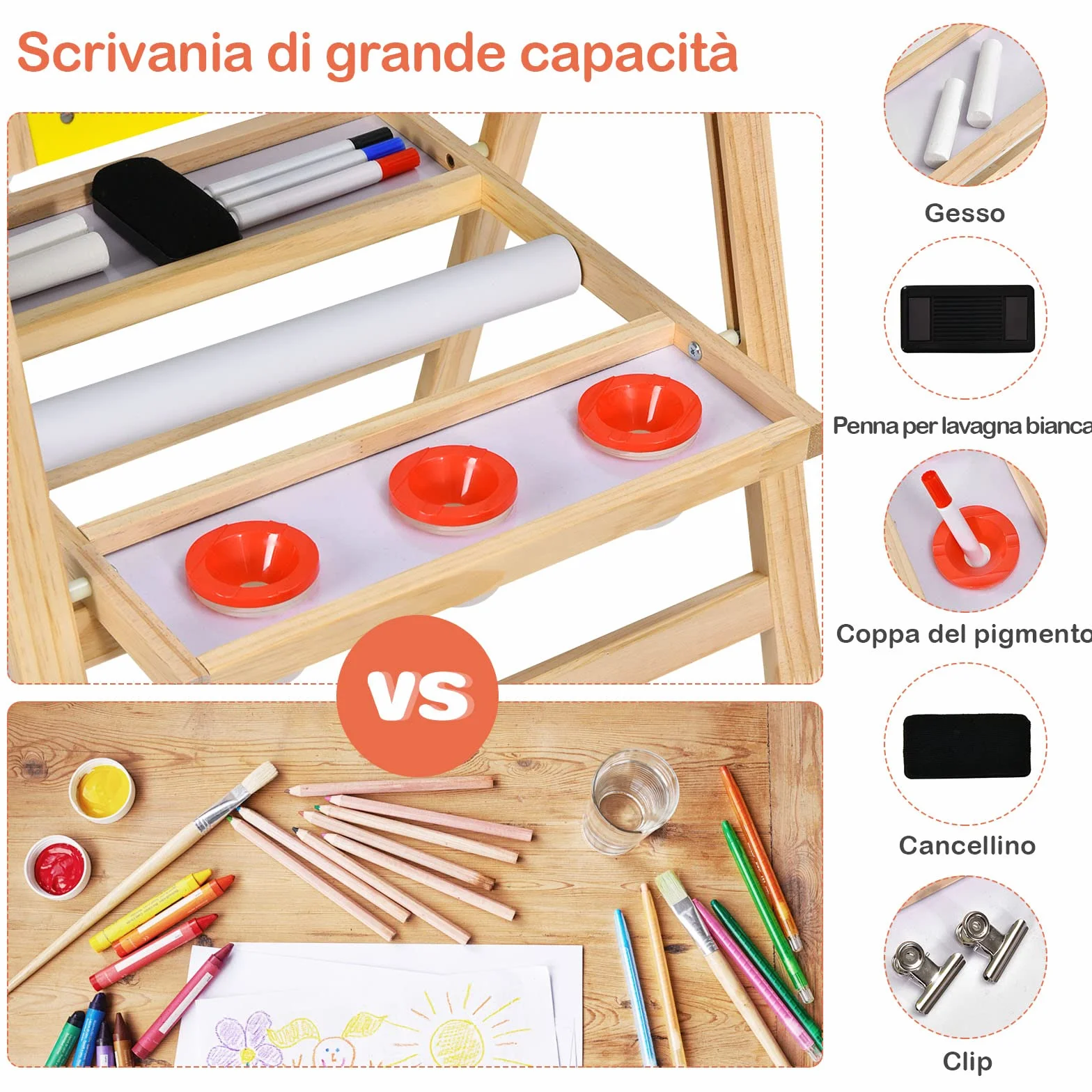 COSTWAY 3 in 1 Lavagna Magnetica per Bambini, Cavalletto da Pittura Pieghevole con Accessori, Altezza Regolabile e Bifacciale, con Vassoio, 50,5x53,5x79-104cm (Giallo)