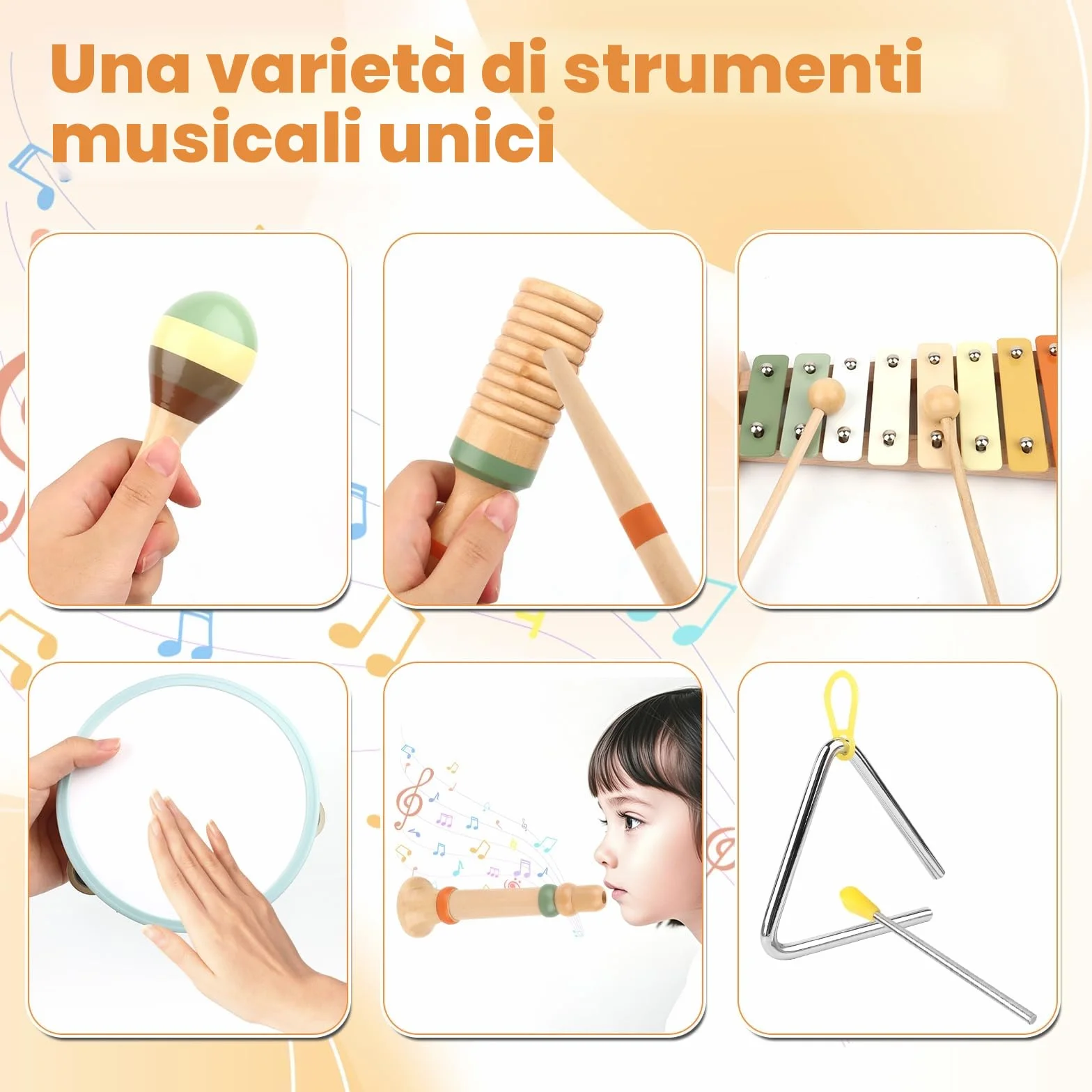 Strumenti Musicali Bambini, 6 in 1 Giochi Legno Montessori Sensoriale, Strumenti Musicali Percussioni in Legno - Tambourine Percussioni per Bambini con Tamburo, Xylophone , 3 4 5 6 Anni
