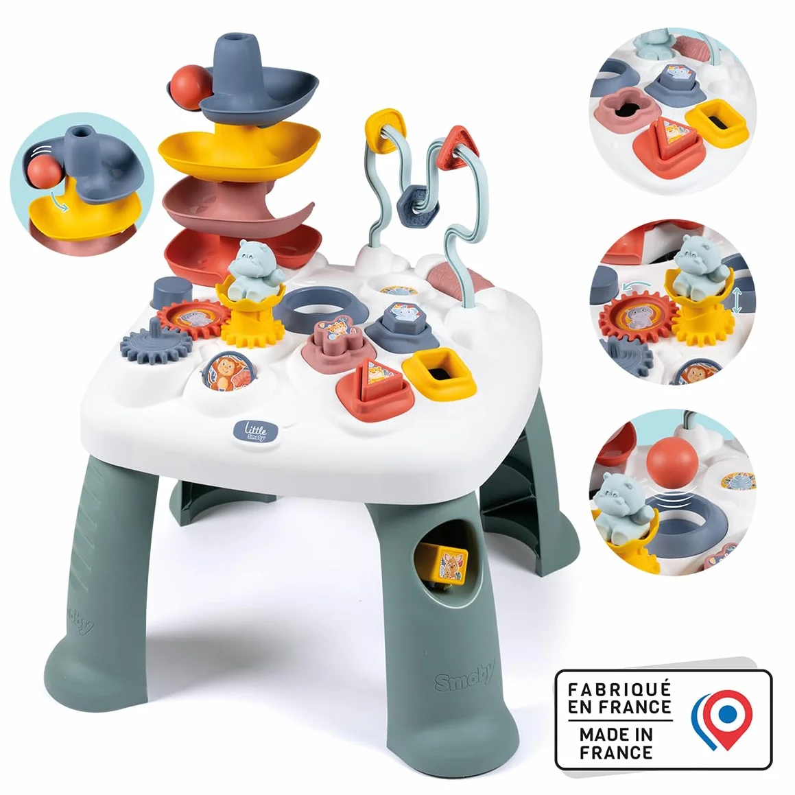 Little Smoby - Tavolo attività - Numerose funzioni meccaniche - 4 Forme, 1 Palla, 1 Ippopotamo - Sviluppa la motricità - dai 12 Mesi - Prodotto in Francia