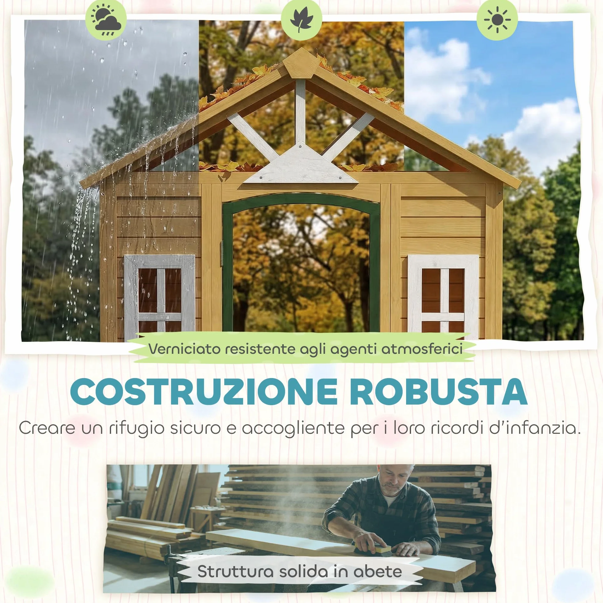 AIYAPLAY Casetta da Giardino per Bambini in Legno di Abete, Casetta per Bambini da Esterno con 3 Finestre, 2 Fioriere, Porta e Tetto, per Bimbi 3-8 Anni, Interno ed Esterno, 134.5x97x150 cm, Marrone
