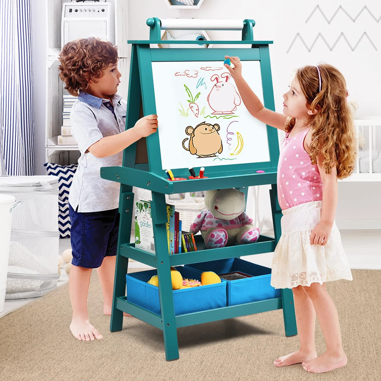 COSTWAY 3 in 1 Cavalletto per Bambini con Doppia Faccia, Legno (Blu)
