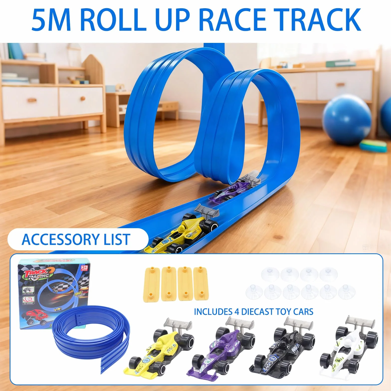 Piste Macchinine per Bambini 5M, Giocattolo Piste da Corsa con 4 Auto, Portatile per Salti Loops Circuito di Corse per Bambini con Rampa, Portatile Pista per 3+ Anni