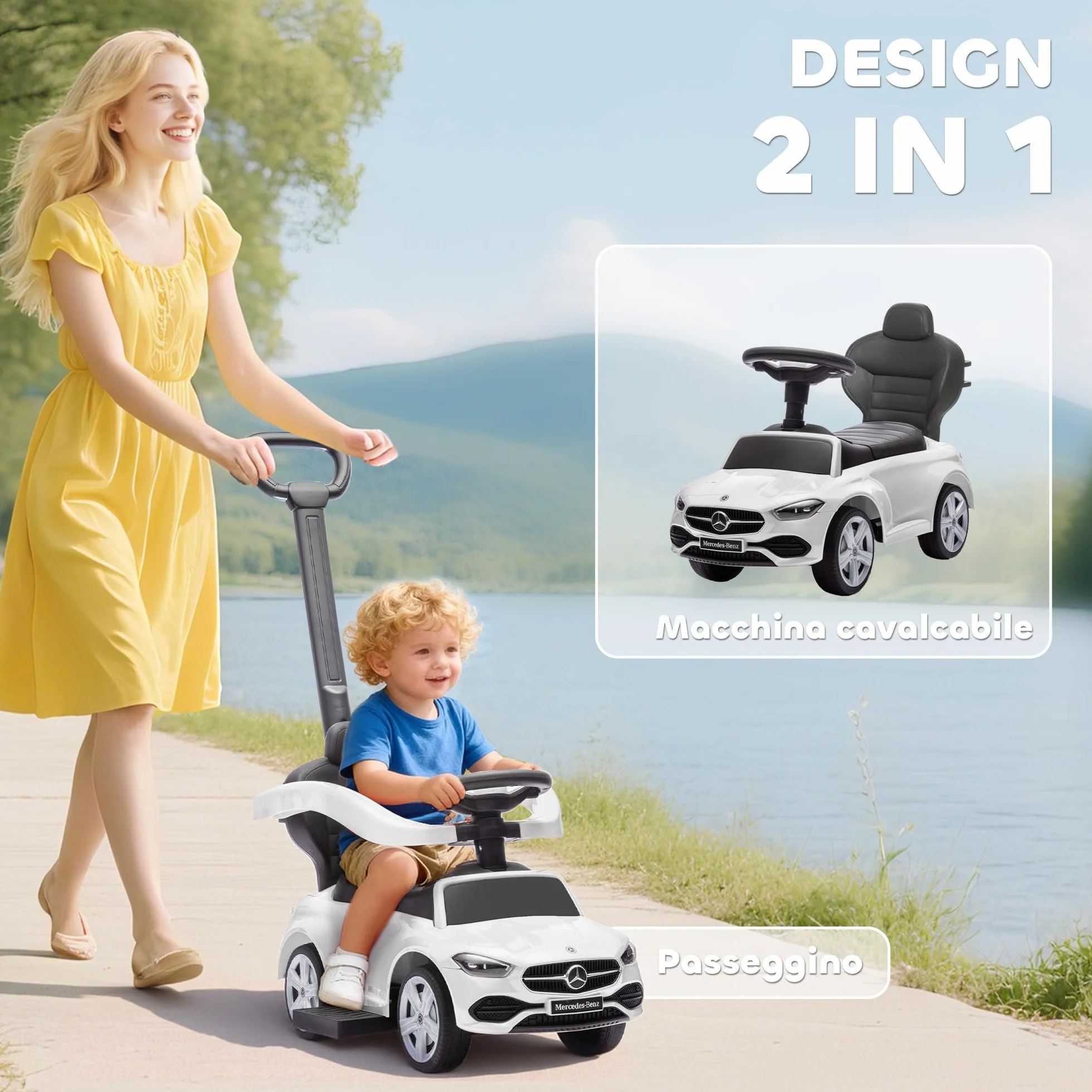 AIYAPLAY Macchina Primi Passi Cavalcabile per Bambini 1-3 Anni Convertibile in Passeggino PP e Acciaio, 91x40x83 cm, Bianco