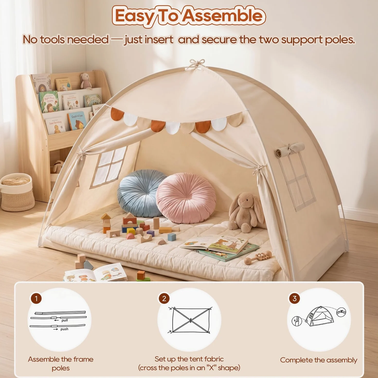 Tenda da Letto per Interni, Casetta da Gioco Pieghevole da Pavimento con Bandierine Decorative e Finestre Traspiranti, Baldacchino per la Privacy in Camera da Letto (Crema, 196 x 98 x 125 cm)