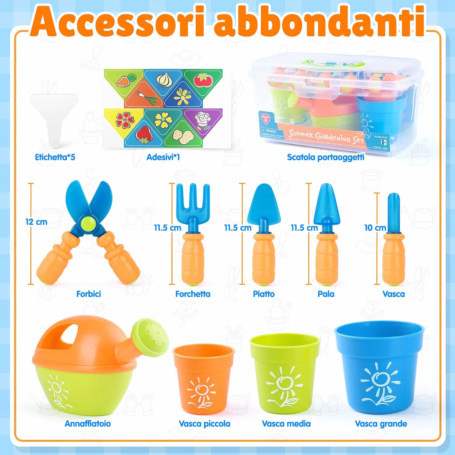 PLAY Set Attrezzi Giardino per Bambini, Utensili Giardino con Pala, Forchetta, Forbici, Vaso, Annaffiatoio, Targhetta e Contenitore, Kit Giardino per Bambini dai 3 Anni in su