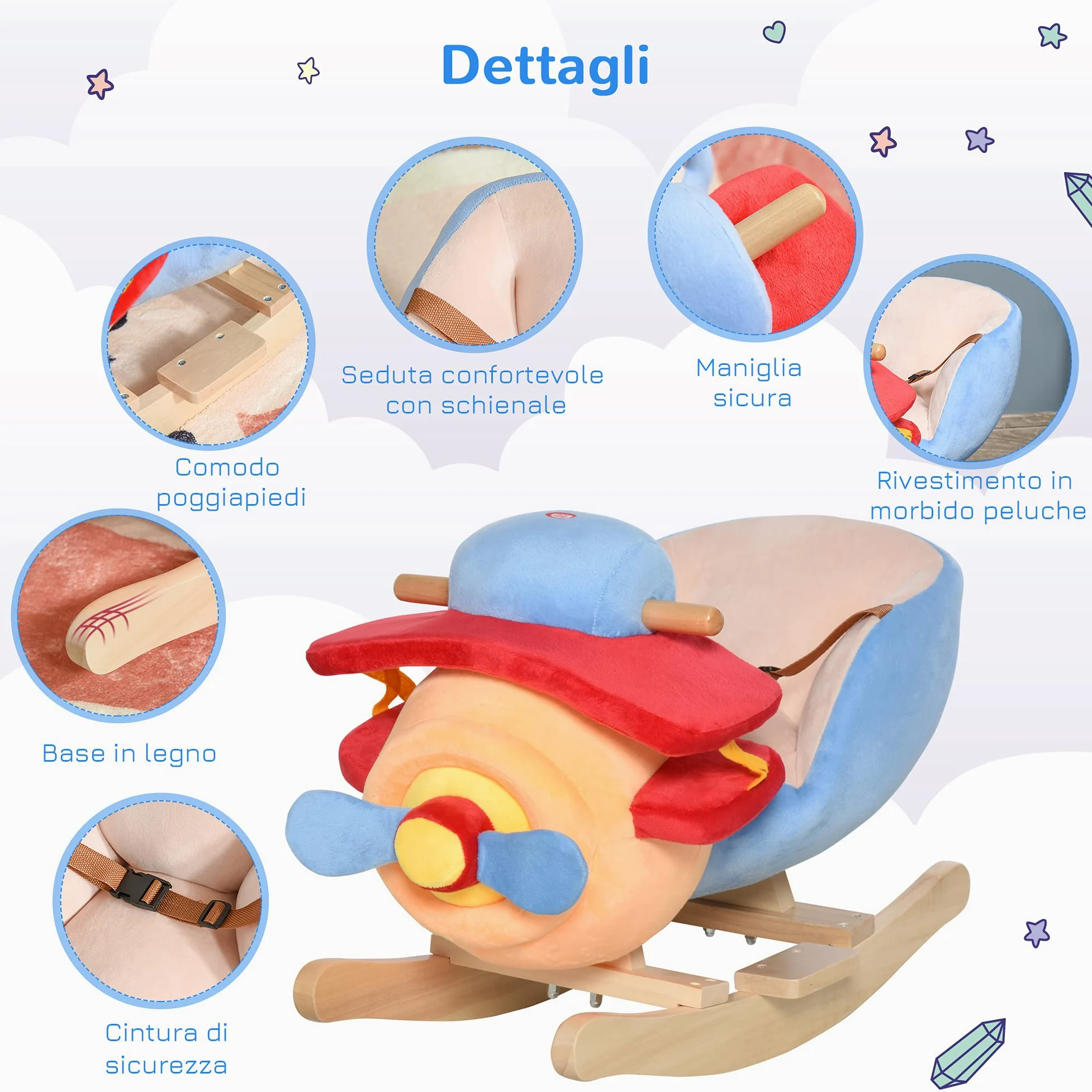 HOMCOM Cavallo a Dondolo a Forma di Aeroplano per Bambini 60x33x45cm | Età Superiore a 18 Mesi, Cacalluccio a Dondolo, Musica Incorporata, Legno Alamo, Max:60kg