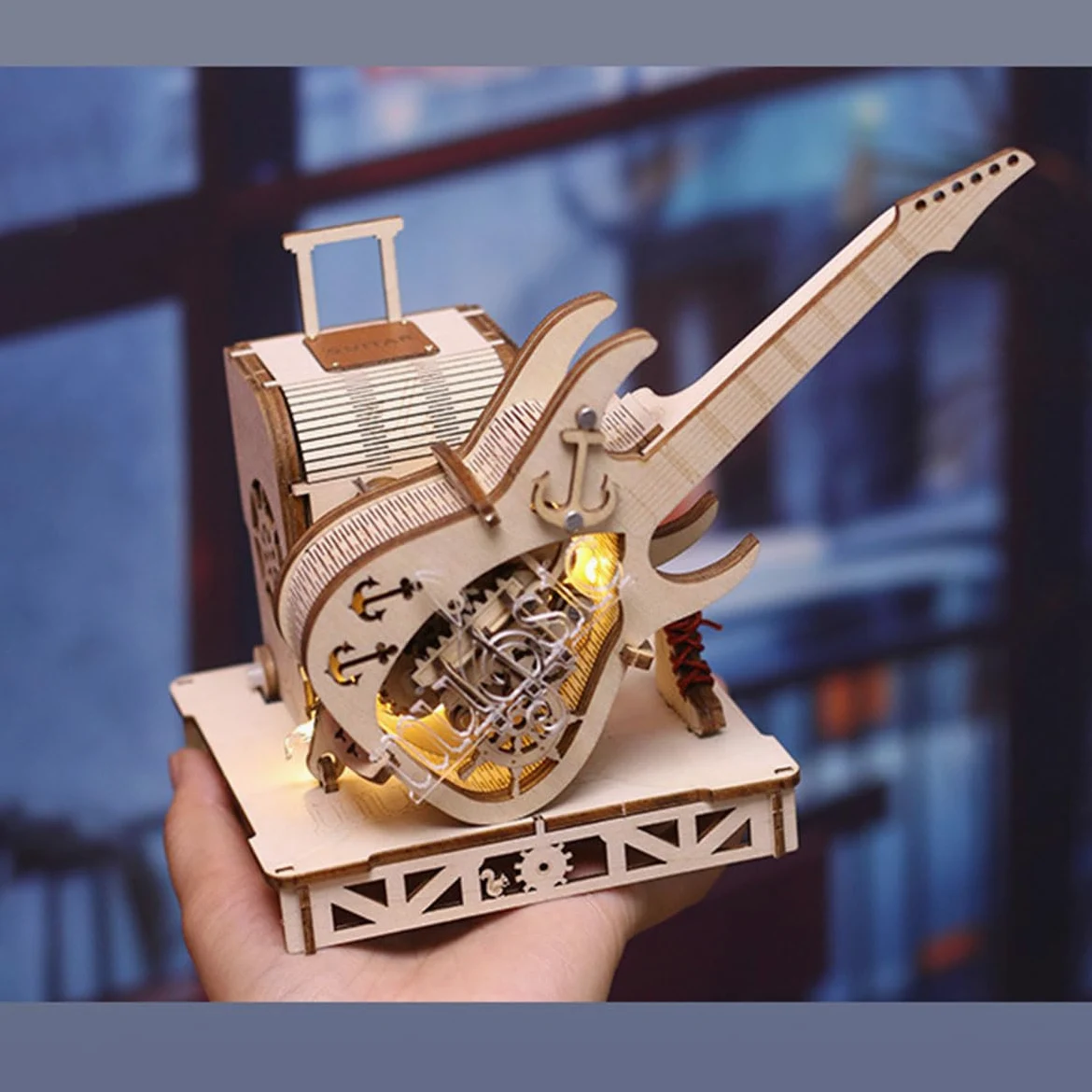 Kit di costruzione in legno 3D, carillon per chitarra, trasmissione meccanica, modello in legno per adulti, da costruire, decorazione per la casa, regalo di compleanno di Natale (150 pezzi)
