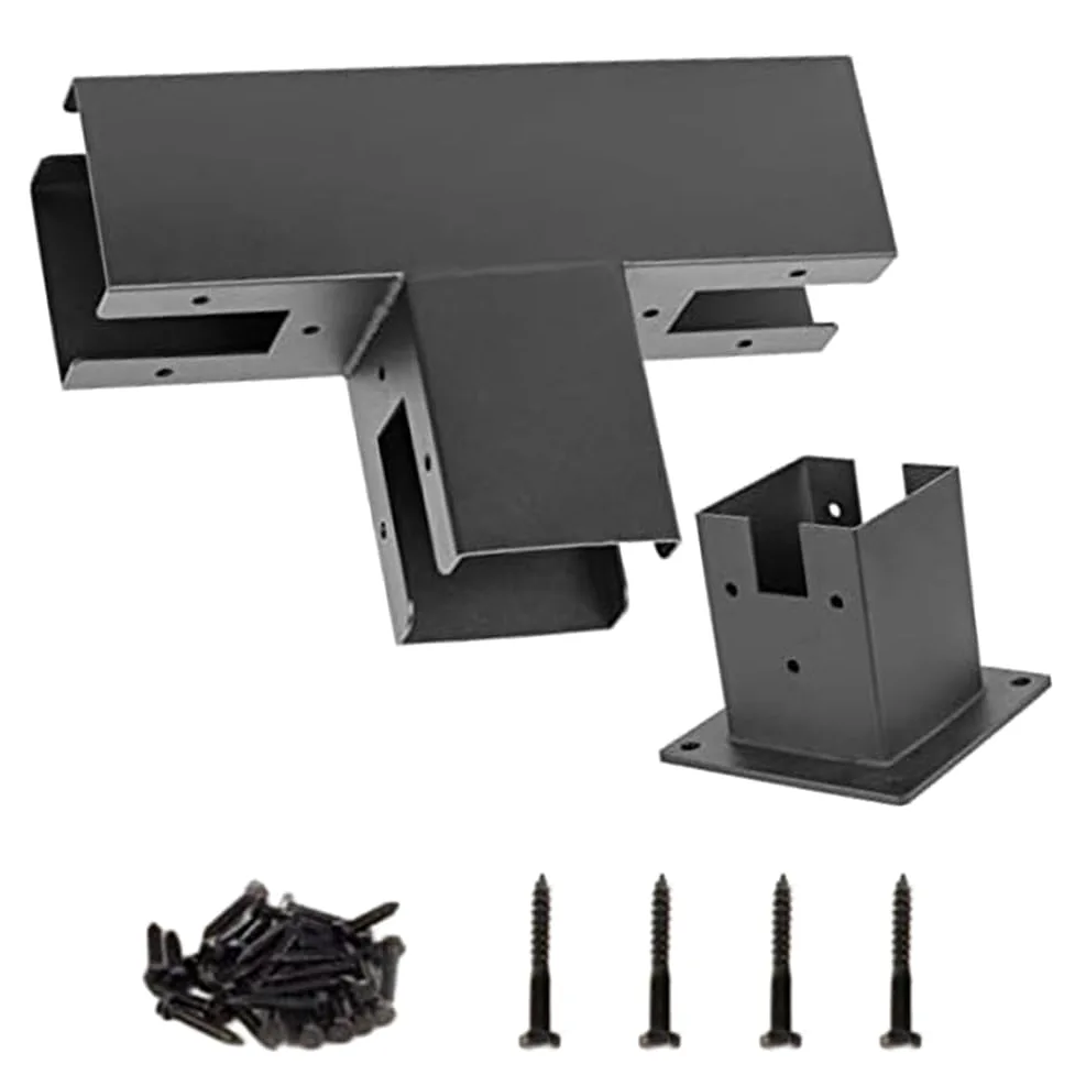 Staffa a T in acciaio resistente per pergola in legno (1 set) | Acciaio rivestito nero, adatto per legname secco 4x4, dritto e staffe a T, include viti, costruzione