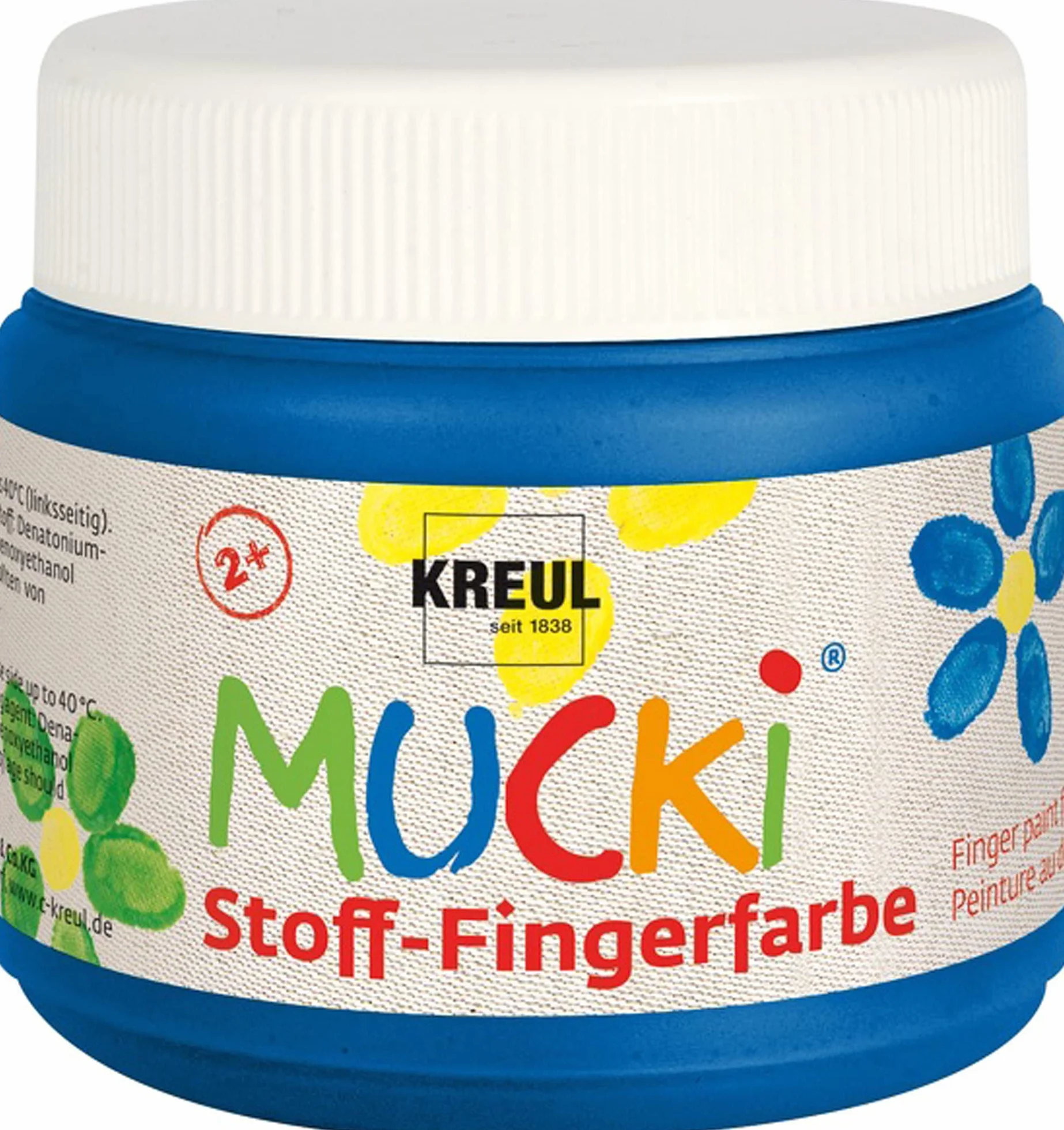 KREUL 28104 - Mucki vernice per dita in tessuto brillante, 150 ml in blu, senza parabeni, senza glutine, senza lattosio e vegan, ideale per l'uso con le dita e le mani