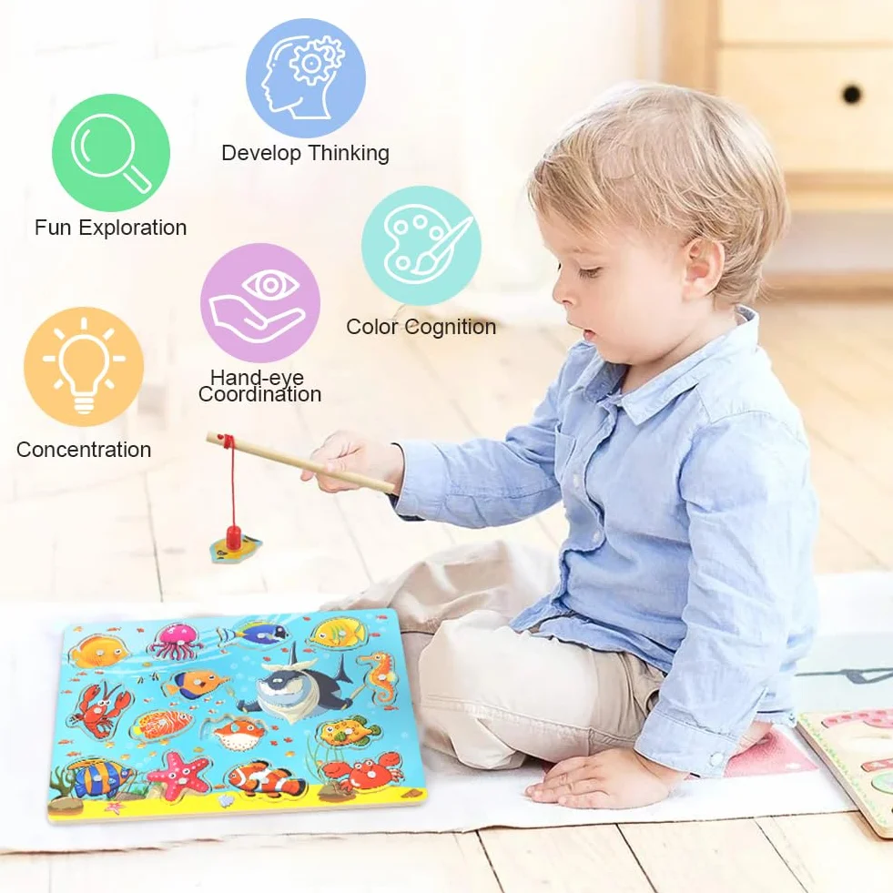 Vicloon Magnetico Giochi di Pesca per Bambini, Giochi Magnetici di Pesca in Legno, Giocattoli di Legno Gioco di Pesca, Giochi Montessori, Educativo Interattivi per Bambini Regalo 3 4 5 Anni(Oceano)