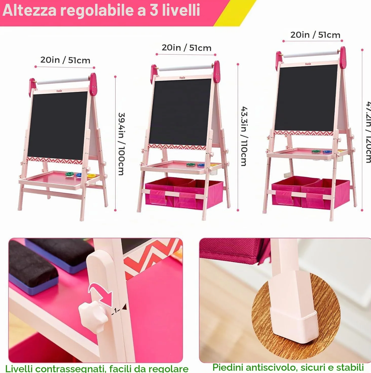 FUNLIO Lavagna per Bambini 3-8 Anni Regolabile con Cavalletto, Magnetica, Antiwarp, Rosa