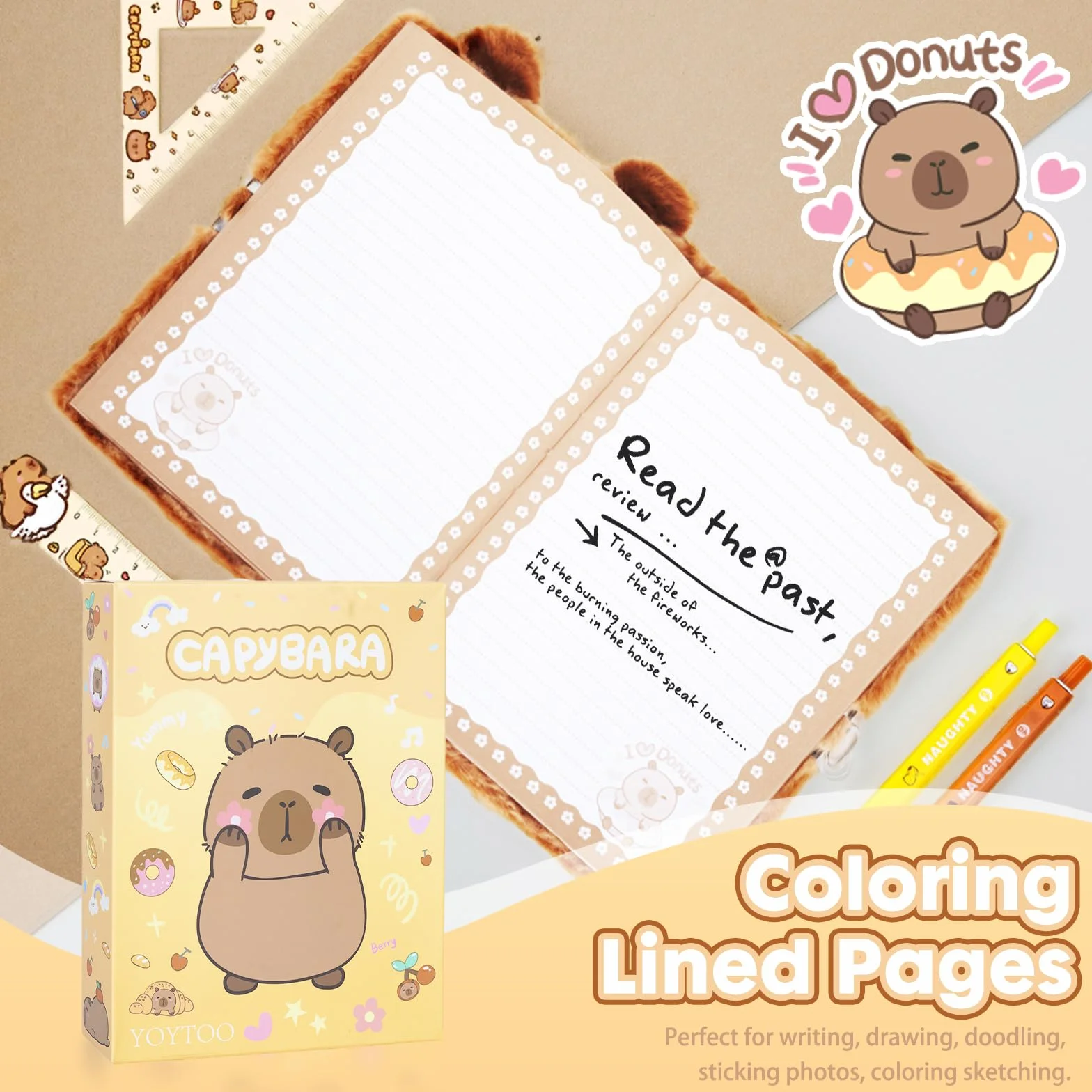Capibara Plush Diary with Lock and Keys,160 Pagine Diario per Bambini con Chiusura Segreta, Taccuino di Peluche per Scrivere e Disegnare, Regali per Bambini