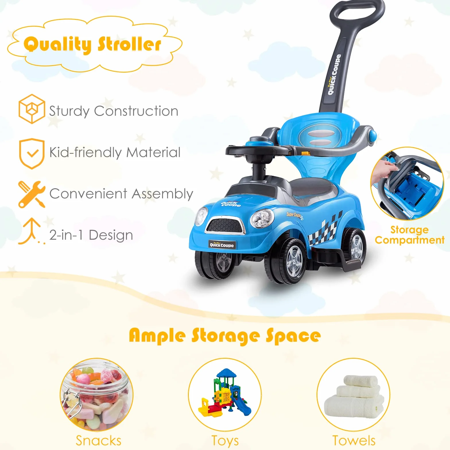 RELAX4LIFE 3 in 1 Macchina Cavalcabile per Bambini, Macchina a Spinta, Guardrail Staccabili, Vano Portaoggetti, Maniglia Clacson, Blu 2-6 Anni