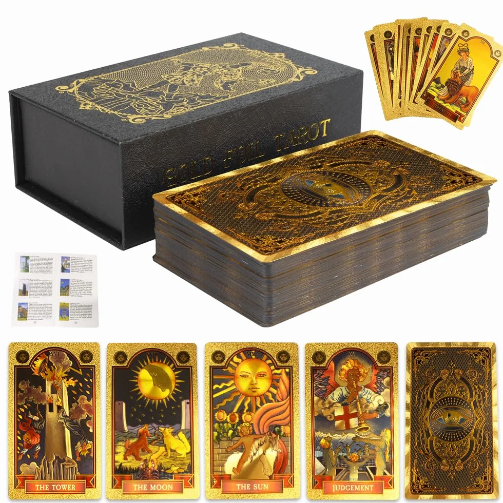 Mazzo di Carte per Tarocchi in Lamina Occhio D'oro 78+2 Pezzi, PVC Impermeabile, con Libro Guida (Inglese) per Principianti