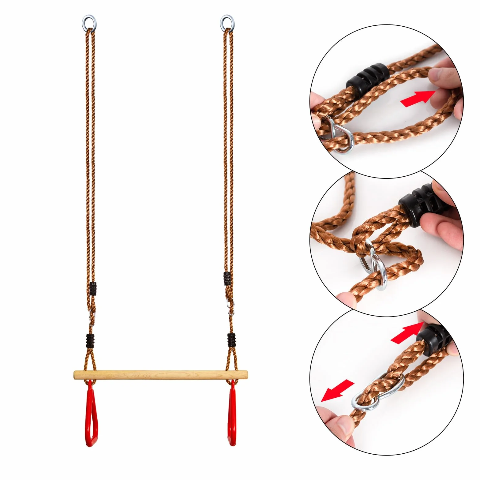 Leogreen - Trapezio in Legno con Anelli da Ginnastica, Barra per Trazioni per Fitness all'Aperto, Colore Rosso