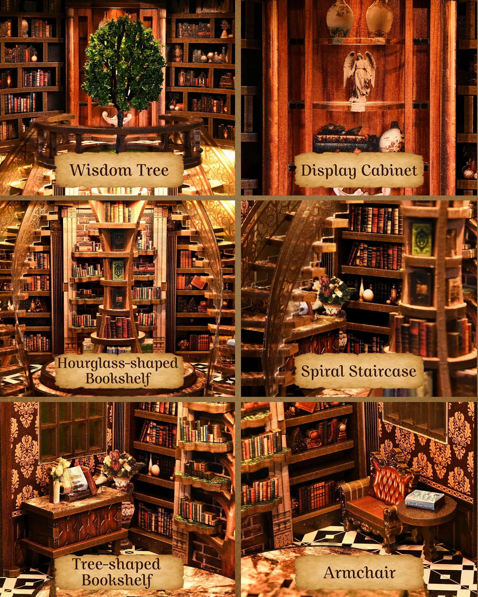 Book Nook, kit libreria, puzzle in legno 3D fai da te, con luce e protezione antipolvere | Libreria storica, 356 pezzi, illuminazione touch, protezione antipolvere in acrilico, circa 13,5 x 16,5 x 21 cm