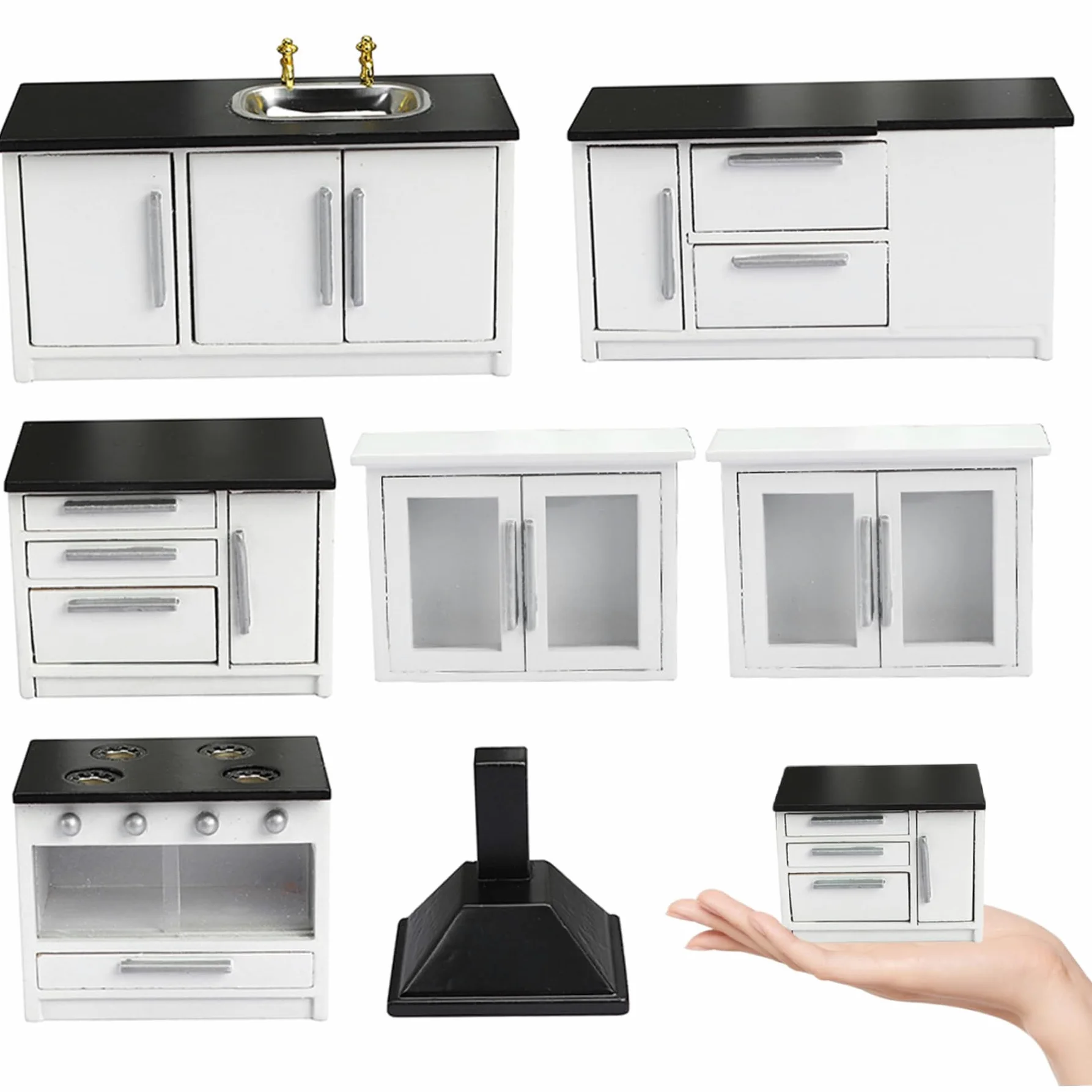 Set da cucina per casa delle bambole in legno, mobili in miniatura 7 pezzi scala 1:12, accessori di simulazione per scene di decorazioni per case delle bambole