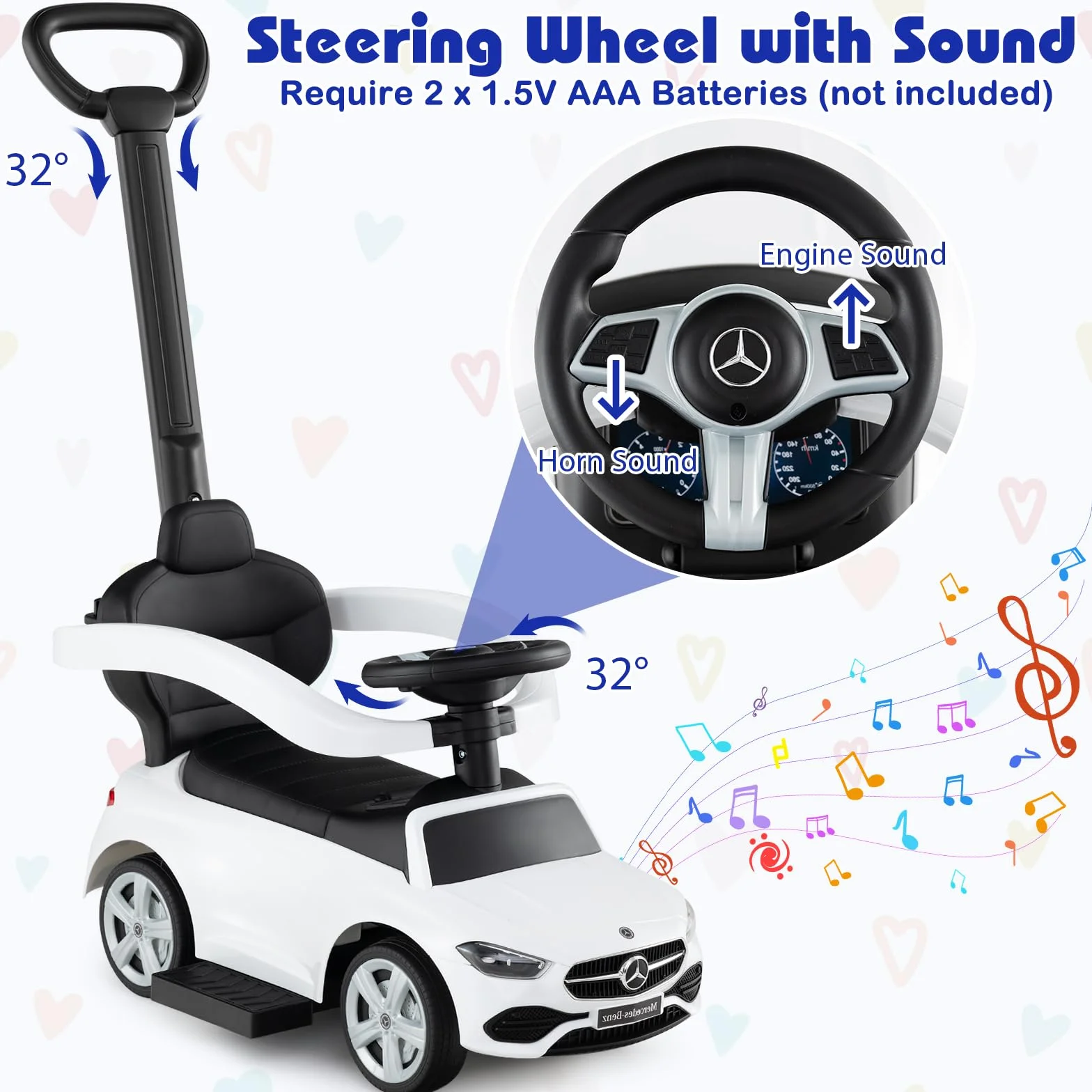 Mercedes-Benz Macchina Cavalcabile per Bambini 3 in 1, Capote Regolabile, 25 KG, 1-3 Anni (Bianco)