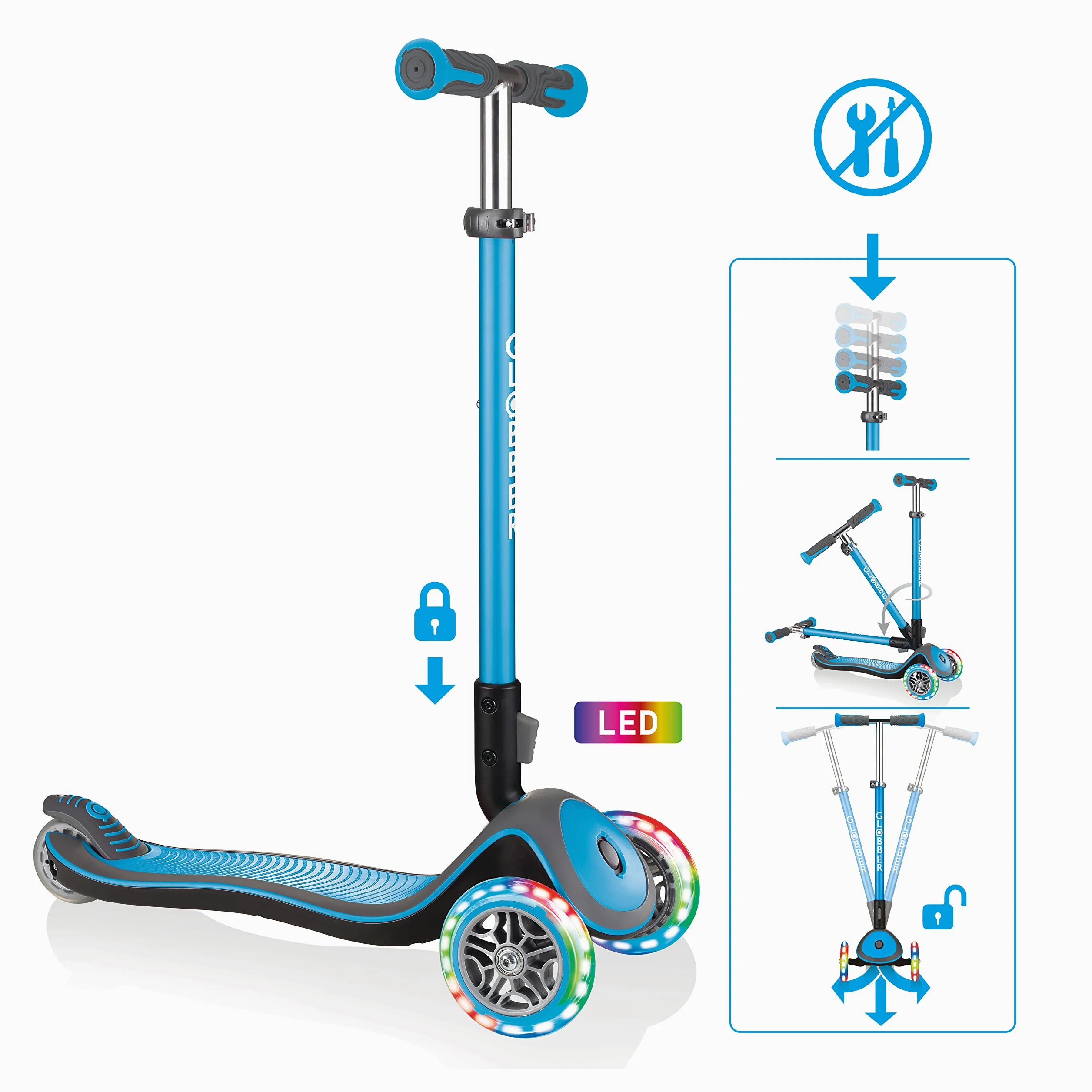 GLOBBER Elite Scooter - Monopattino per bambini dai 3 anni in su, ABEC 5, 3 ruote, regolabile in altezza, ruote LED