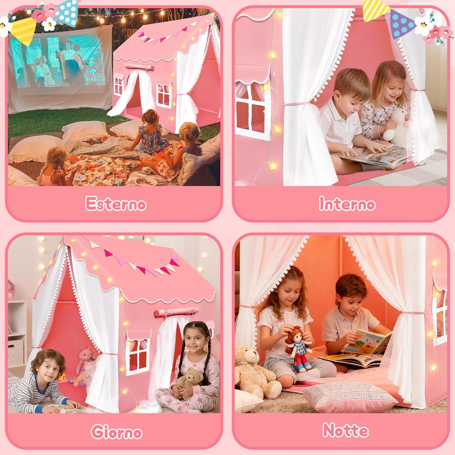 JONRRYIN 2 IN 1 Tenda per Bambini Cameretta, Tenda da Gioco con 2 Porte per Interni Esterni con Finestre, Luci LED e Bandierine, Tenda Letto Casetta Tenda per Bambini Regalo