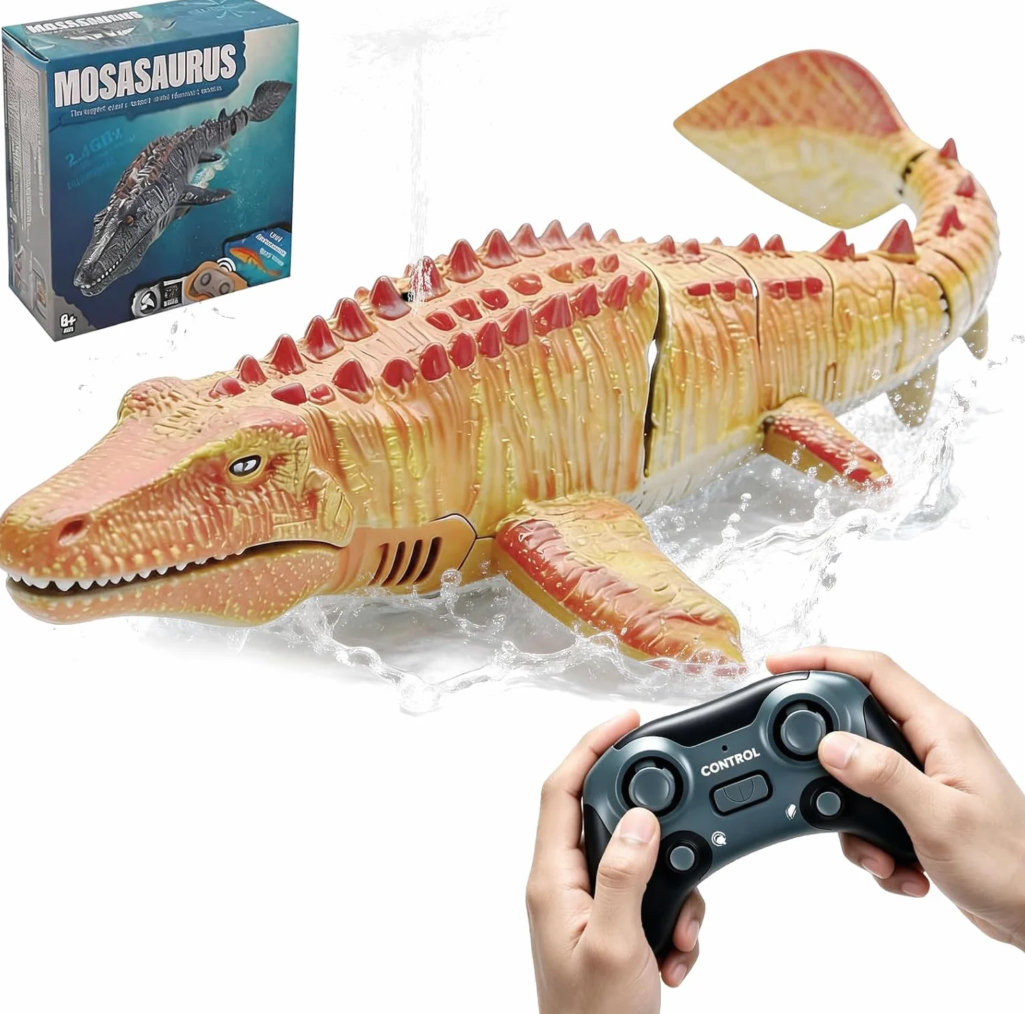 Telecomando Mosasaurus RC Barca, 2,4 GHz Radiocomandata Squali Barca | Piscine e Laghi Giocattolo Elettrico a Forma Dinosauro, Spruzzare Acqua, 2 Batterie, Regalo per Ragazzi e Ragazze (Giallo)
