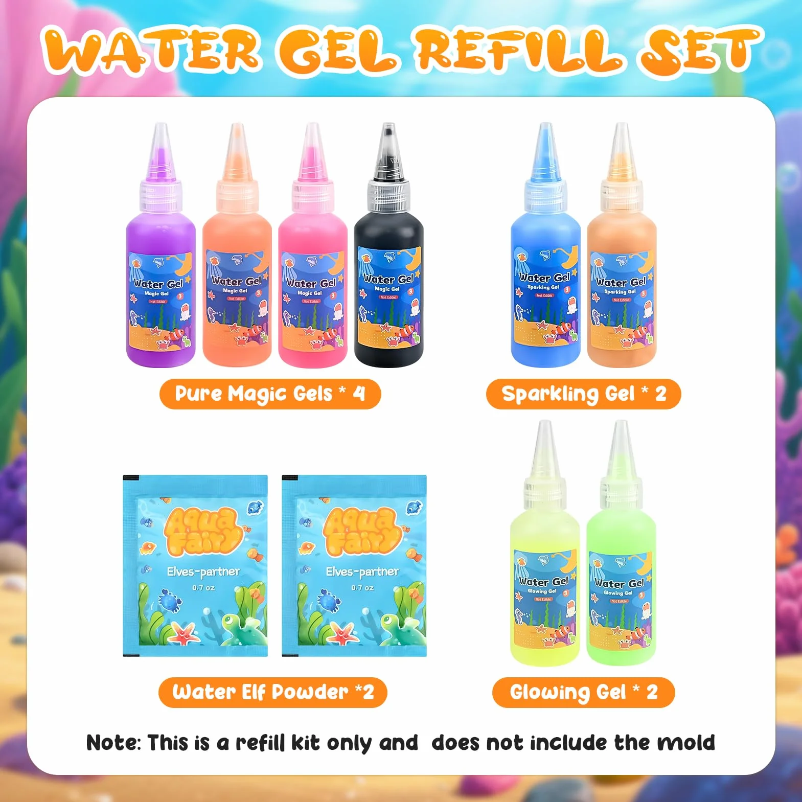 Sanlebi Magic Aqua Celz - Set di 10 ricariche in gel, contiene 8 bottiglie di gel colorato, Magic Water elf per bambini 4 5 6+, compleanno, Natale, Pasqua, regalo per ragazzi e ragazze