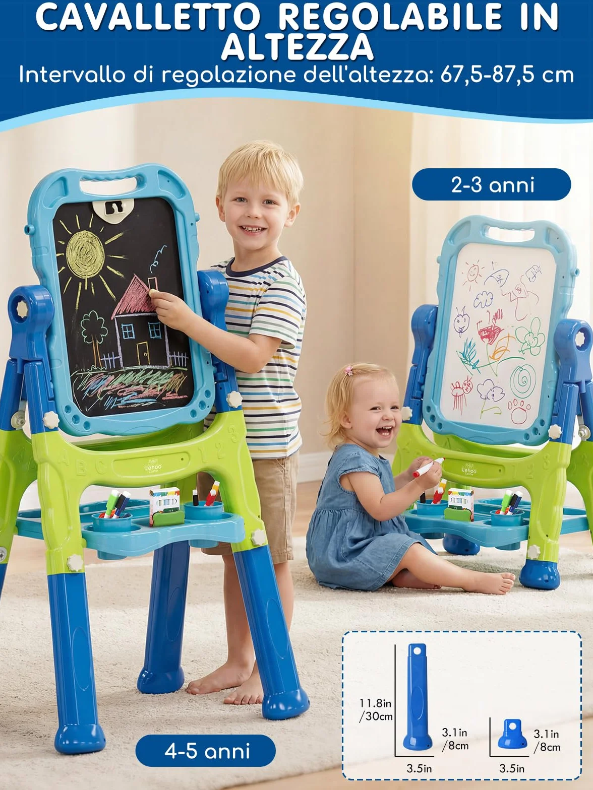 Lehoo Castle Lavagna Magnetica 4 in 1 Bambini, 360° Cavalletto Pittura Regolabile Altezza, Giocattolo Educativo 3+ Anni