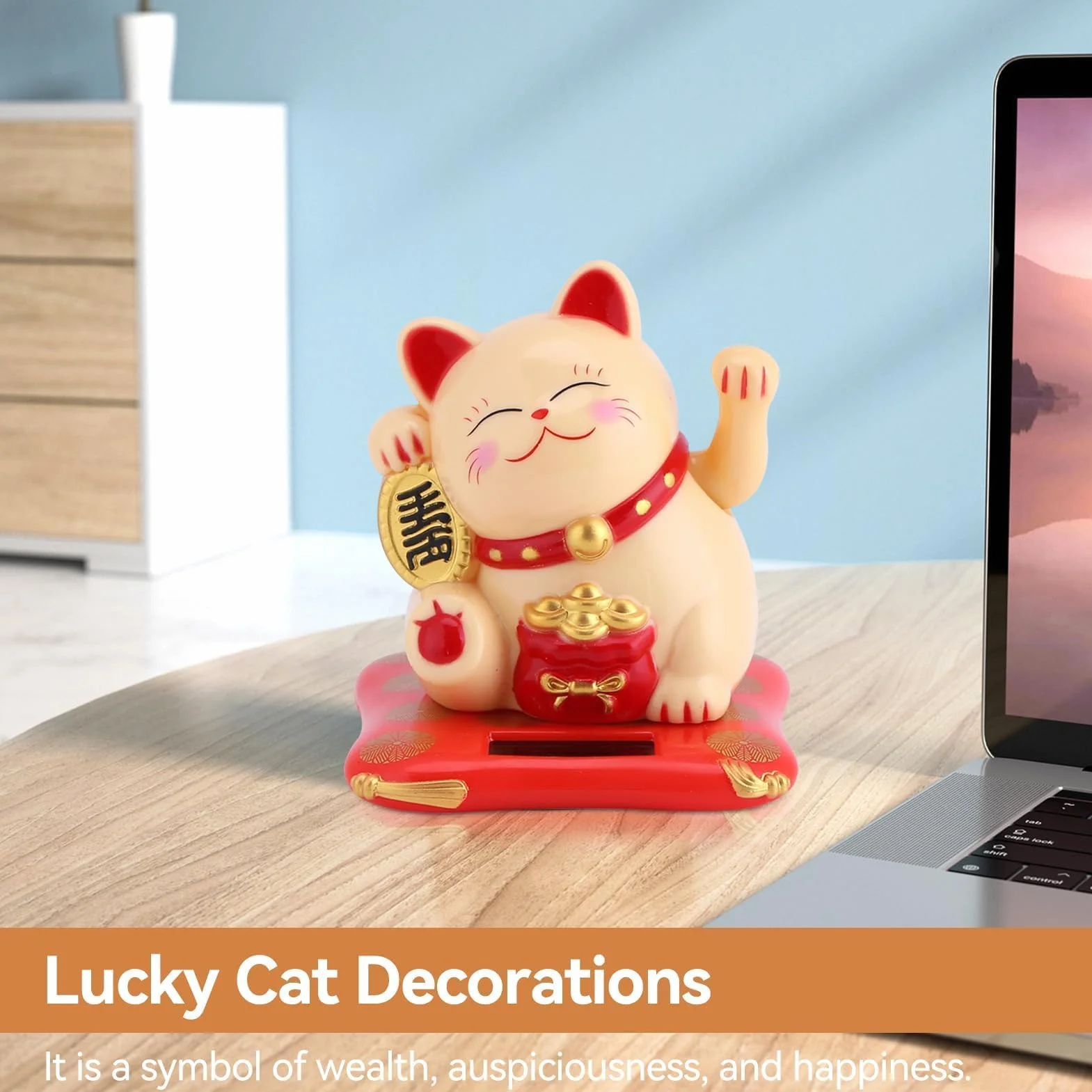 Maneki Neko Statua Gatto Giapponese Solare Braccio Ondeaggiante per Decorazione Auto Casa Giallo