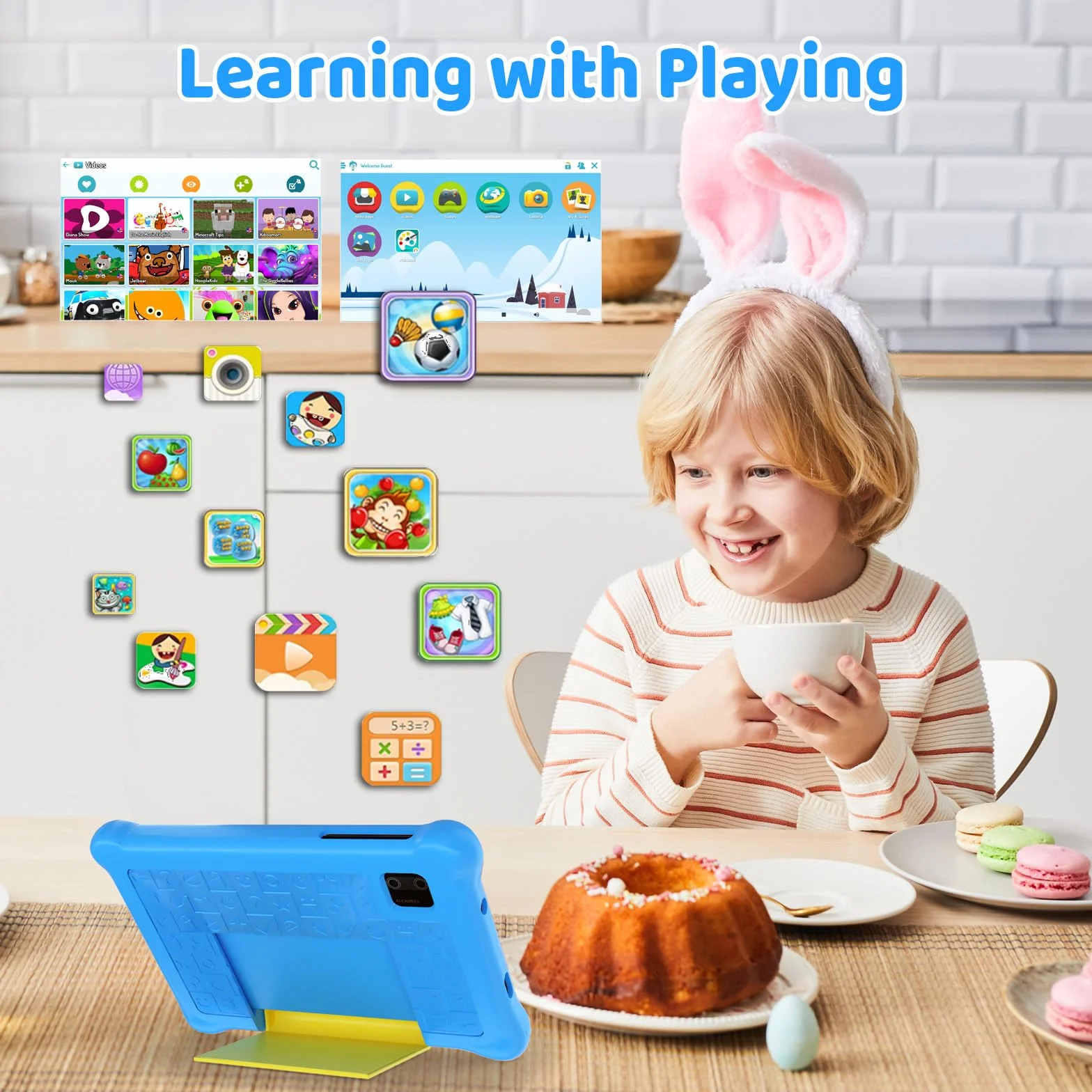 Tablet per bambini 7 pollici Android 12 con Custodia,Wifi,Bluetooth,Modalità di Controllo Parentale,Doppia Fotocamera,Protezione Degli Occhi,Tablet di Apprendimento di Google Services (blue)