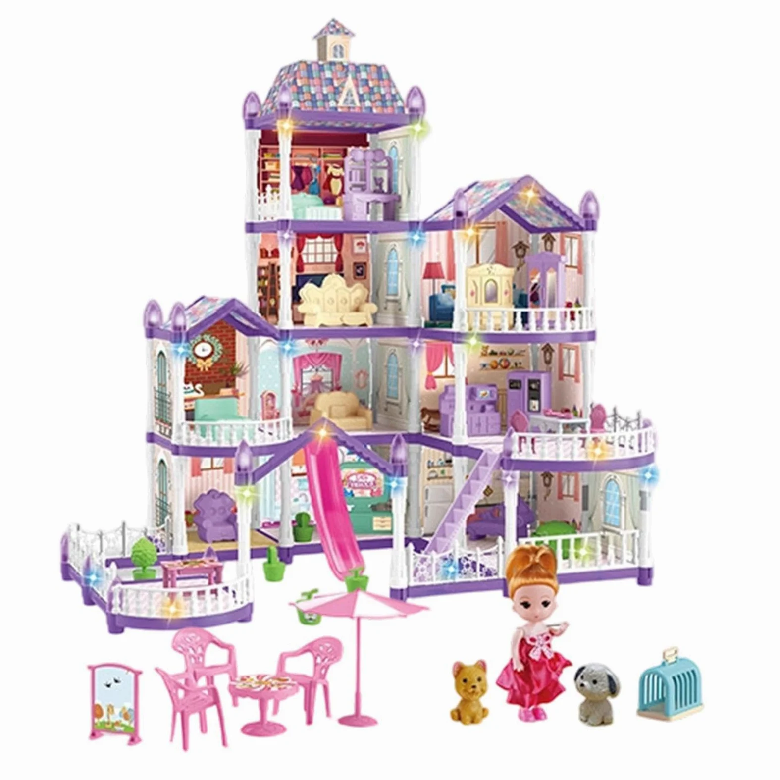 Casa Di Bambole Per Bambine 4 Piani 13 Stanze Villa Miniatura da Montare | Piccola Casa Delle Bambole Con 3 Principesse 2 Cuccioli E Arredo Per Bambine 4-6 di Ruolo Indoor Regalo per Feste