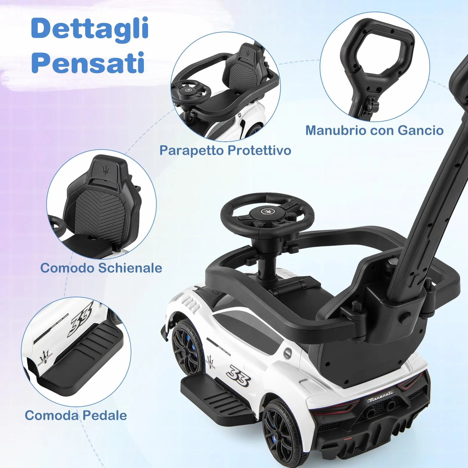 COSTWAY 3 in 1 Maserati Auto da Spinta Bambini 18-60 Mesi Bianco