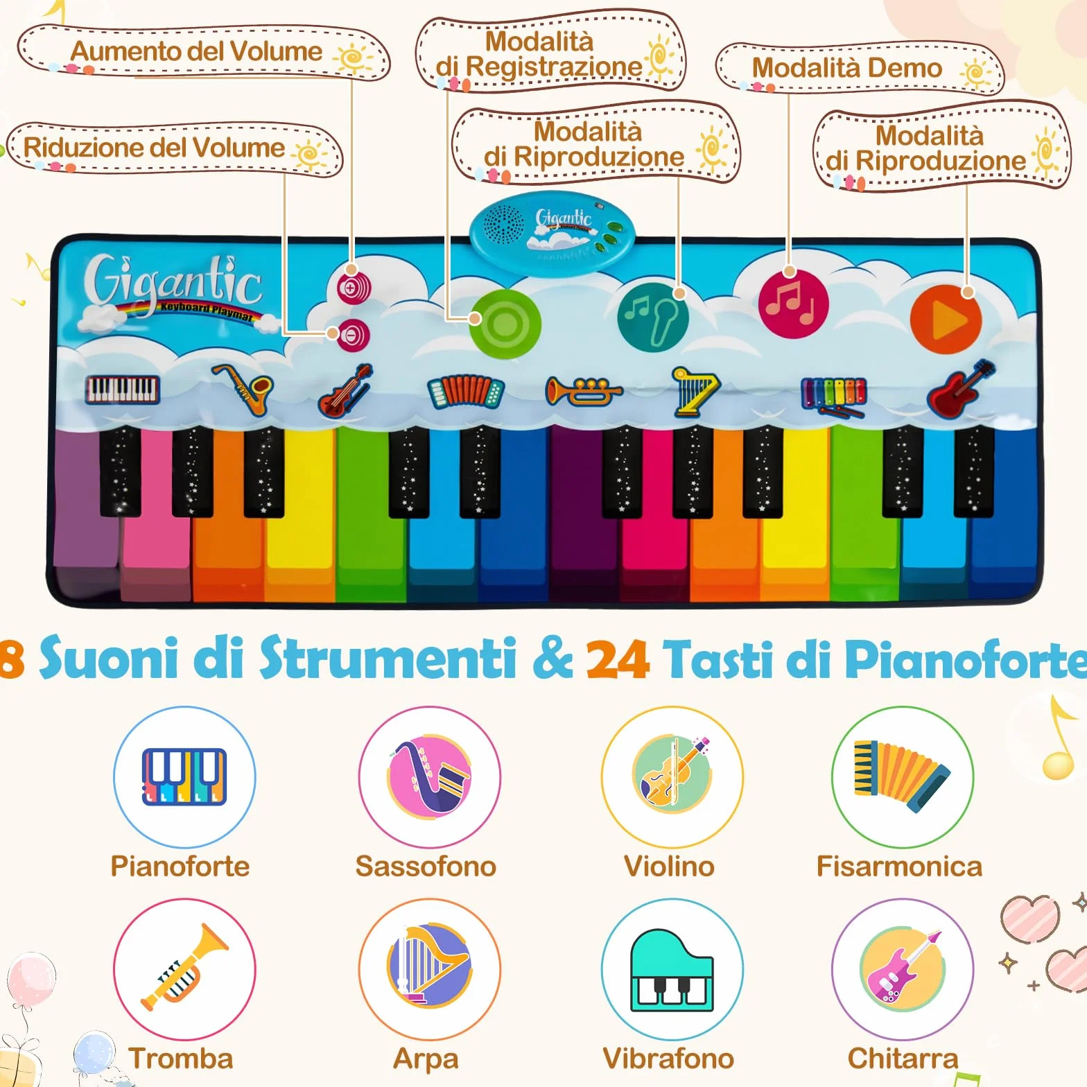 COSTWAY Tappetino Musicale 24 Tasti Tappeto Pianoforte con 8 Suoni per Bambini 1+ Anno 120x47 cm