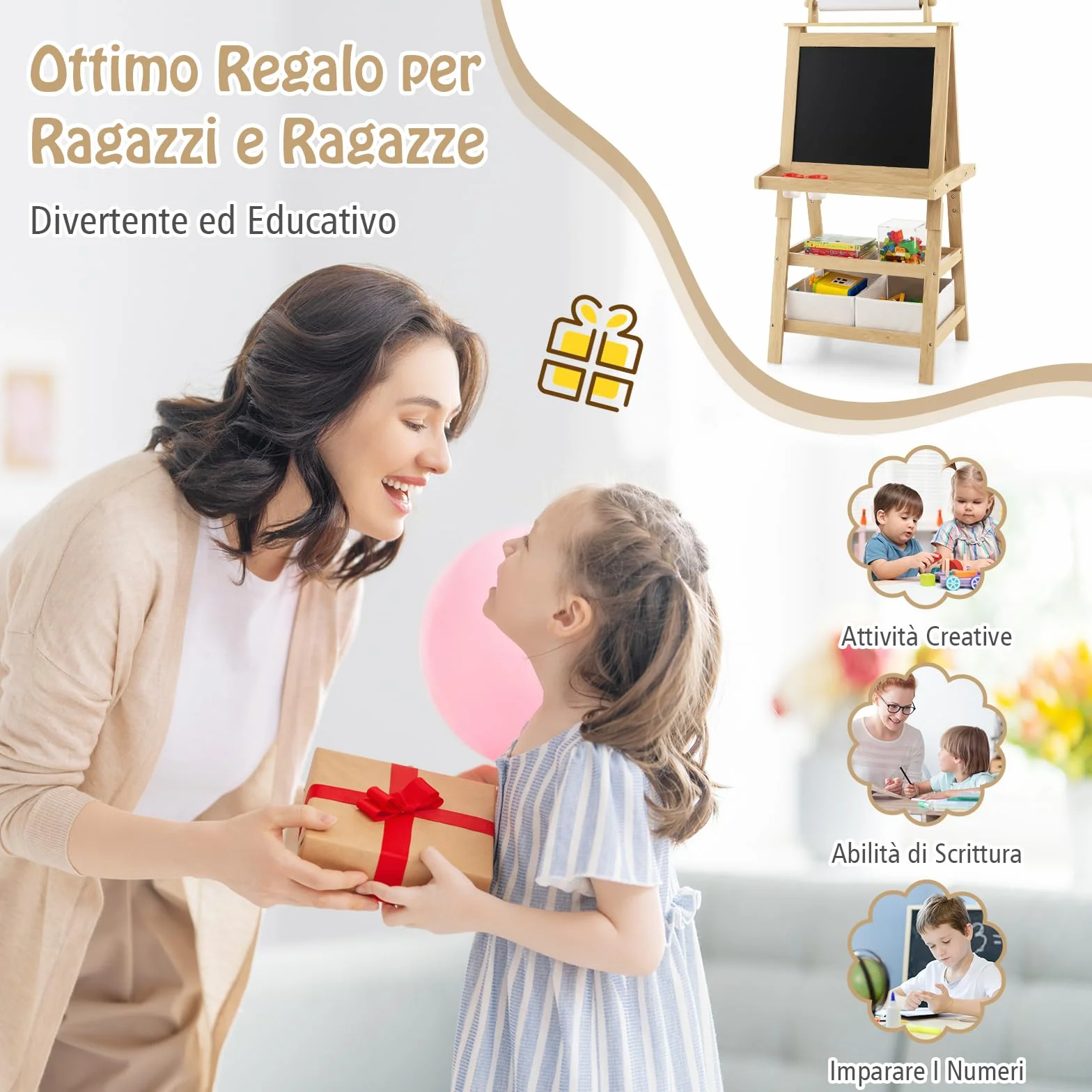 GYMAX Cavalletto per Bambini 3 in 1, Lavagna Magnetica Doppia Faccia, 59 x 50 x 117 cm