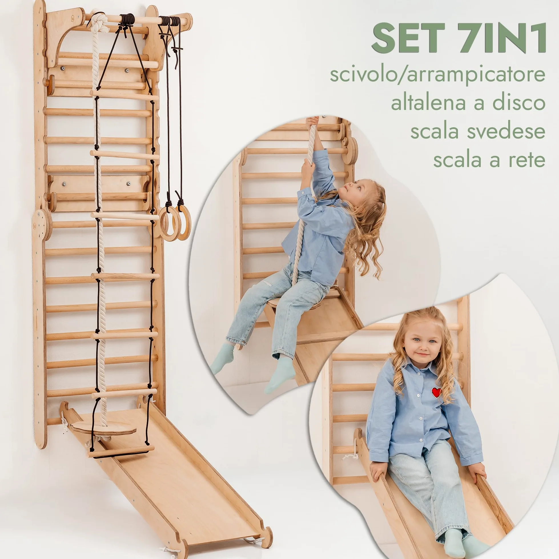 Goodevas Set da Parete Svedese 6 in 1 e Scivolo per Bambini, Versatile, Scala da Arrampicata, Altalena e tavola Scorrevole, Attrezzatura da Gioco Ideale per Interni, per Bambini da 2 a 12 Anni