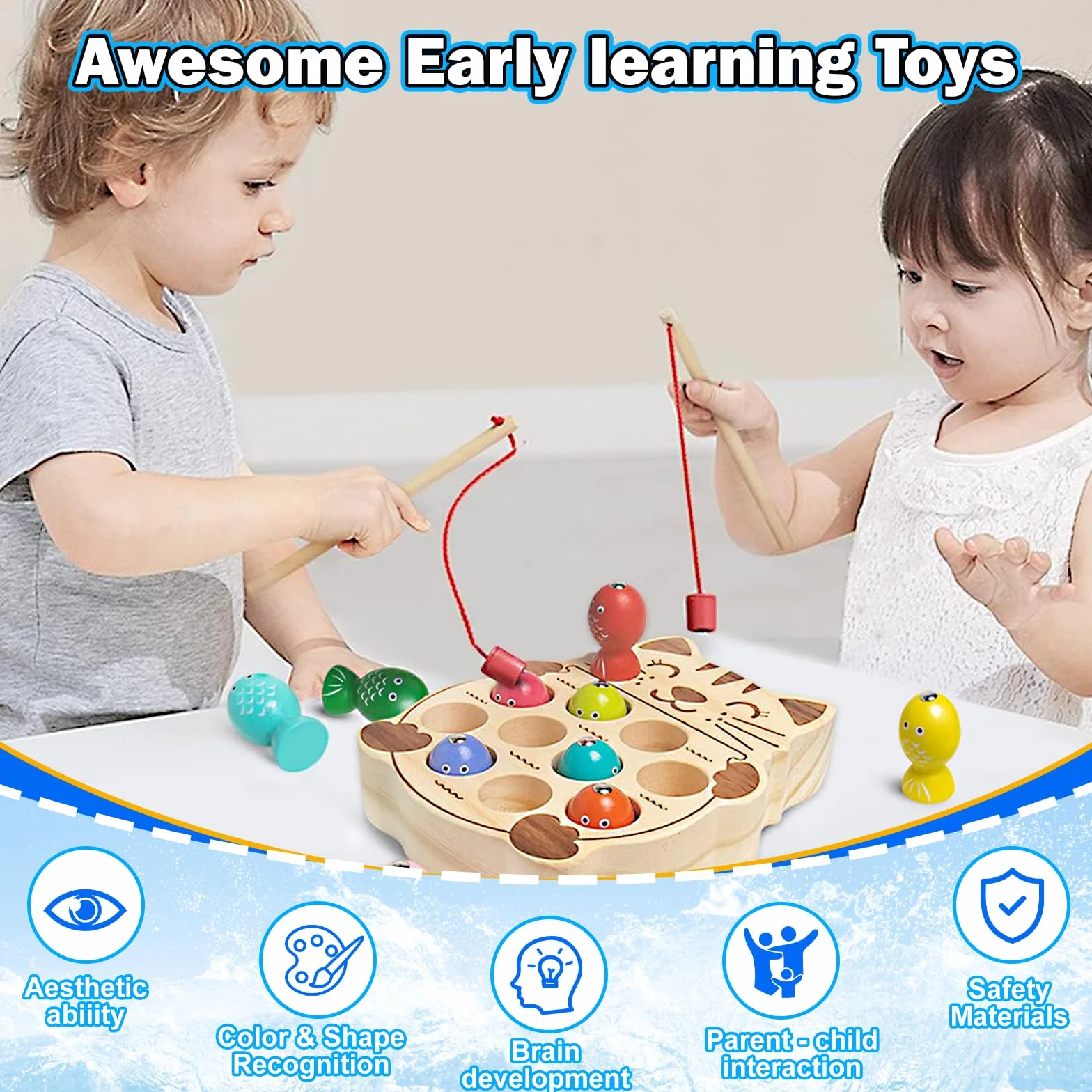 UCAMP Giochi Montessori Magnetici di Pesca Giocattoli 2 Anni Legno Educativo 2 in 1 Compleanno Regalo per Bambini Ragazzi