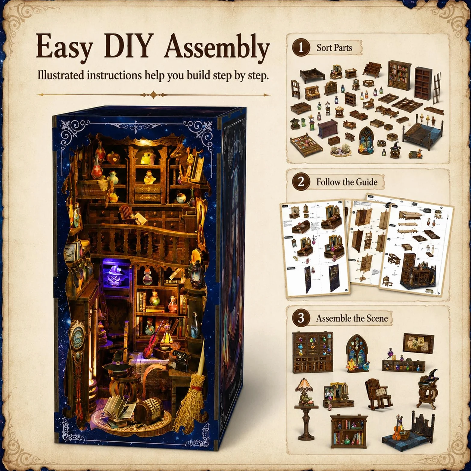 GOOGO Kit Book Nook, casa in miniatura fai da te Book Nook da 334 pezzi con luce LED, puzzle 3D in legno, fermalibri decorativo per libreria, regalo creativo per adulti (Casetta incantata)