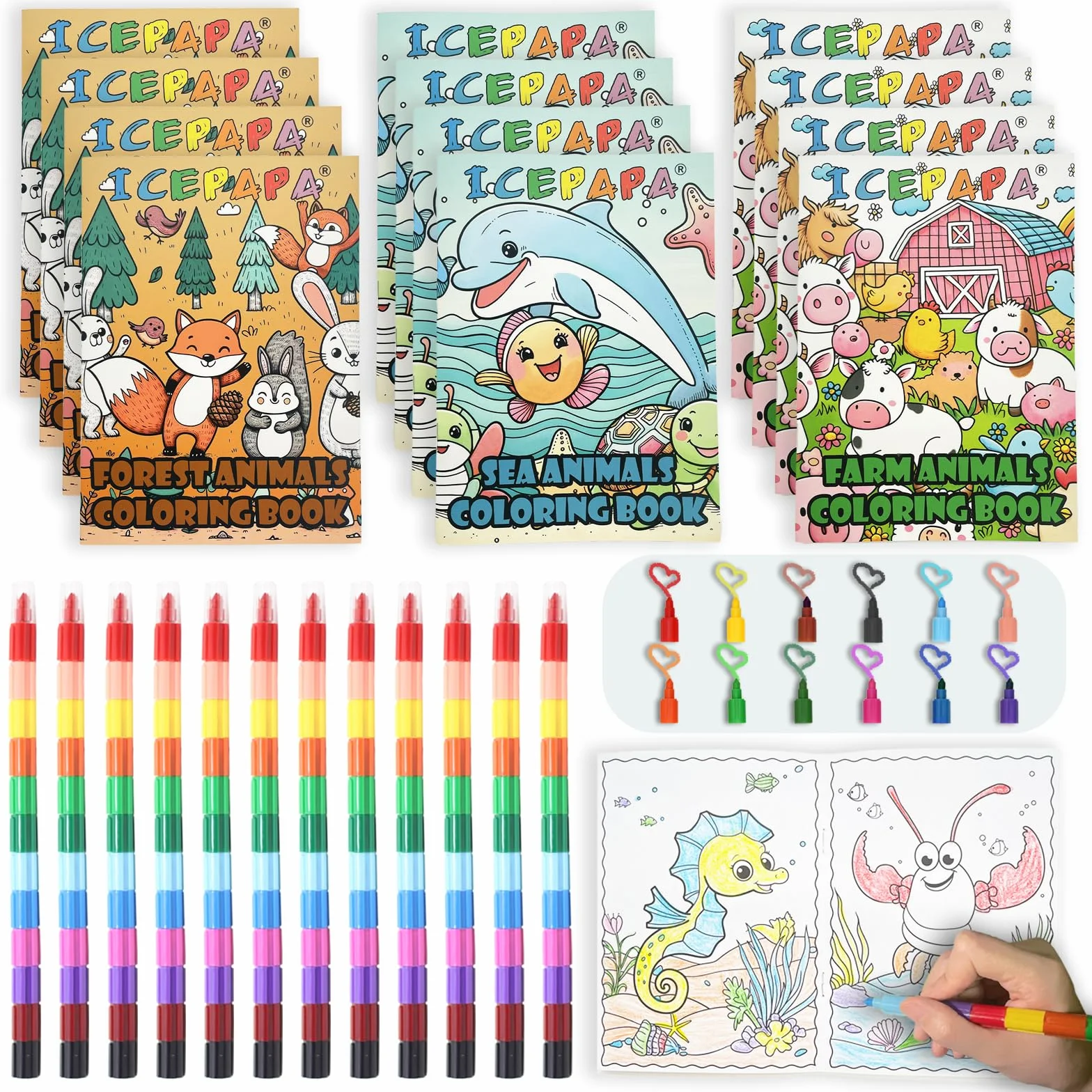 ICEPAPA, 12 Libri da Colorare e 12 Pastelli a Cera Impilabili (12 Colori in 1), Perfetti per Gadget Compleanno Bambini, Regalini e Fine Festa