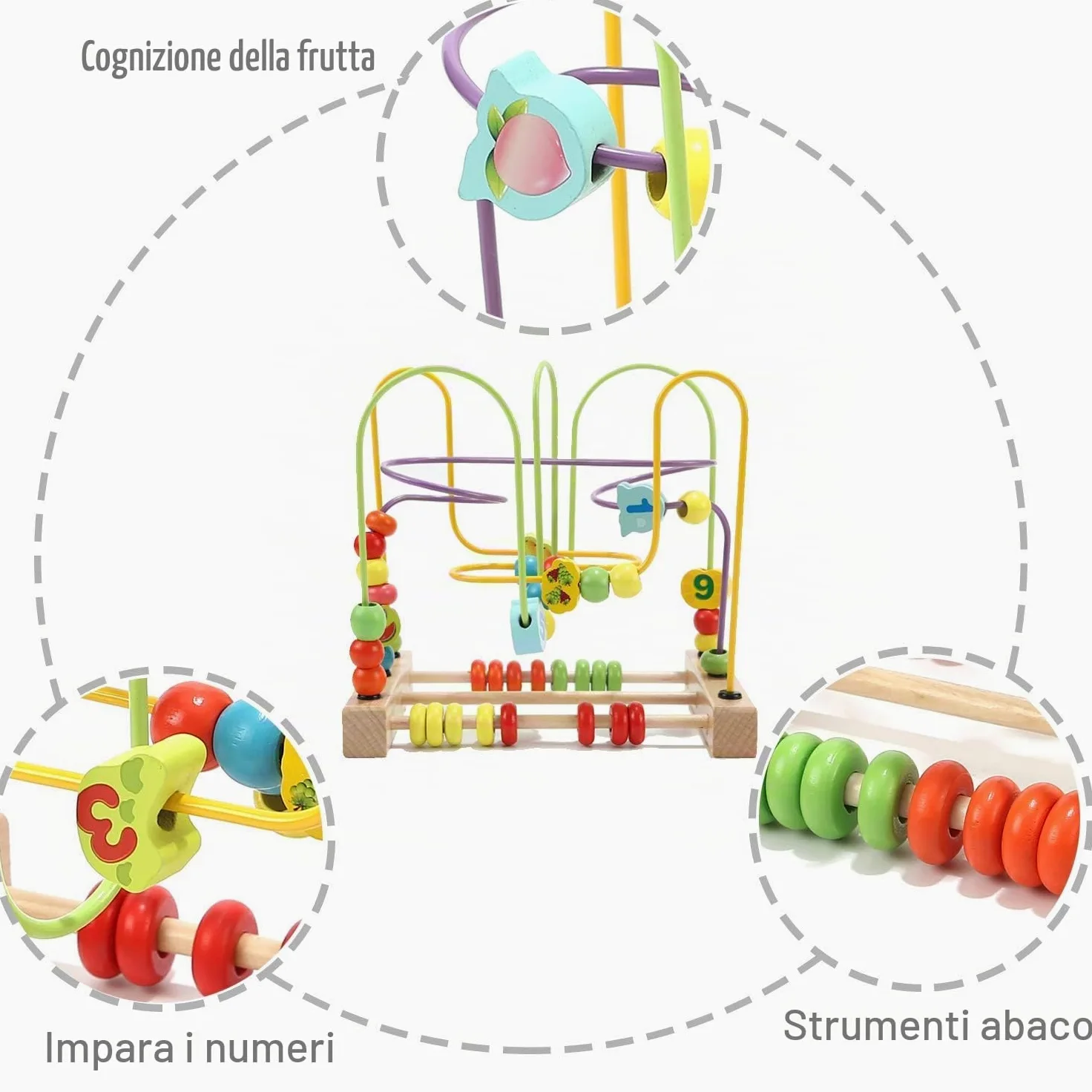 Jacootoys Frutta Legno Labirinti di Perline Abaco Montagne Russe Rotolamento Cerchio Giocattoli educativi Bambini Ragazzi Ragazze