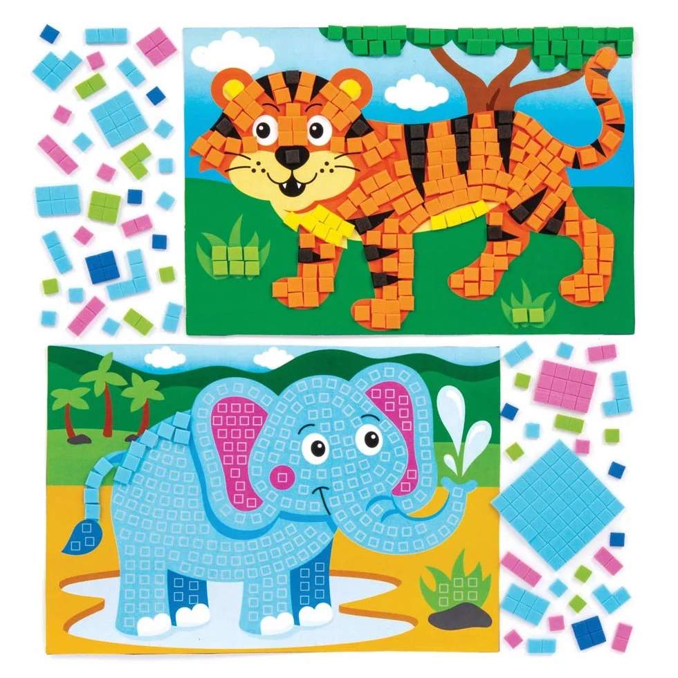 Baker Ross Kit mosaici con animali della giungla (confezione da 4) - Mosaici adesivi per bambini
