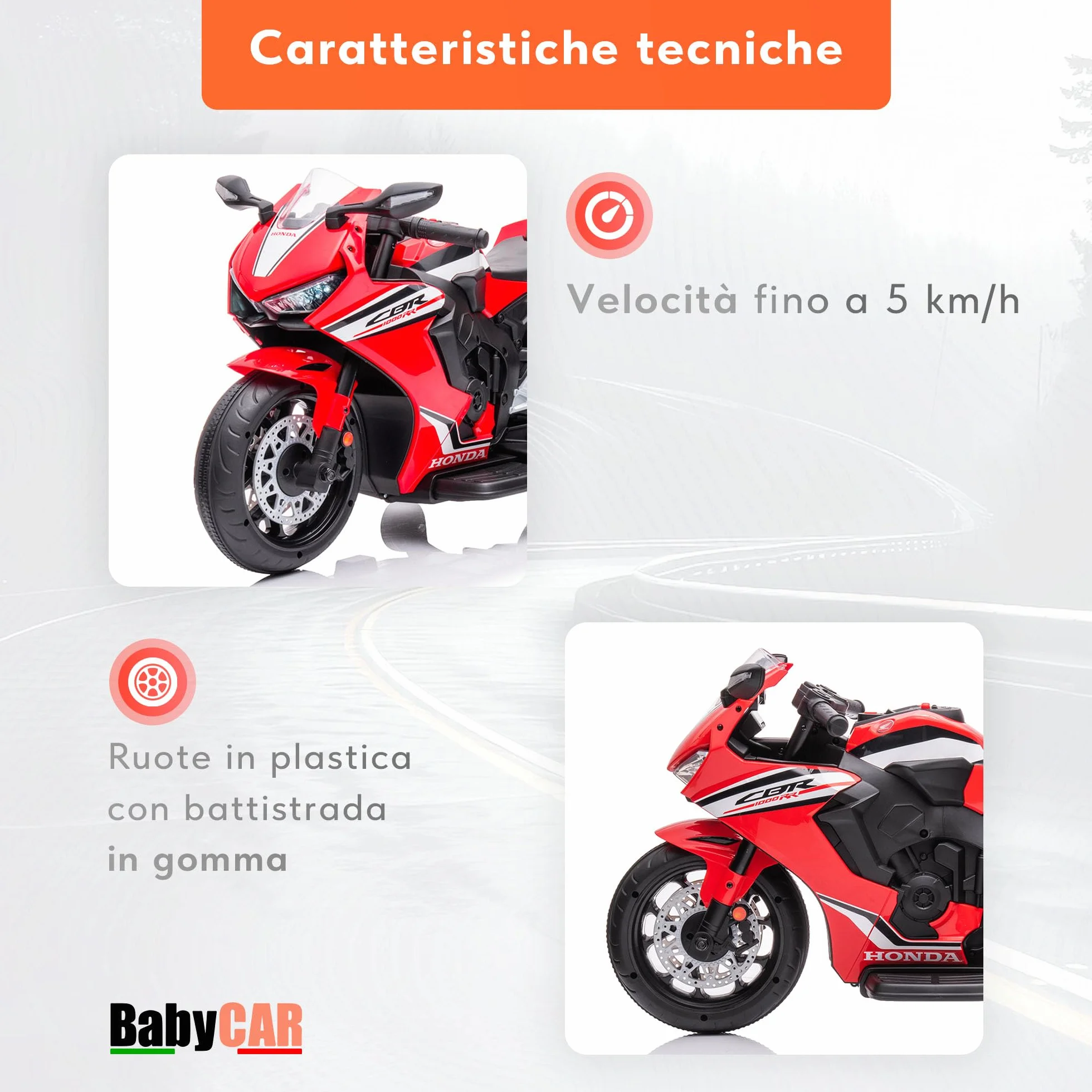 BabyCar Moto Elettrica Bambini Honda CBR 12V | Moto Elettrica Bambini 3-5 Anni con Luci, Suoni e Rotelle Stabilizzatrici | Batteria 12V 3,5Ah, Motore 30W e Acceleratore a Pedale | Rosso