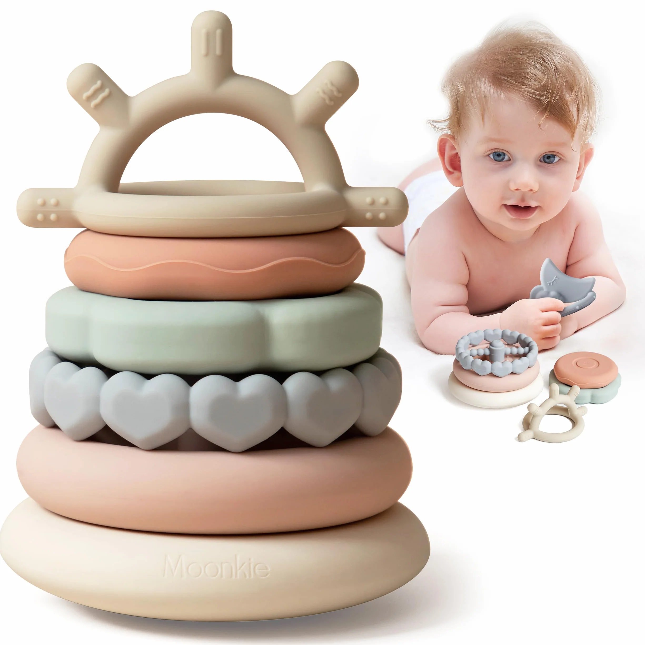 Moonkie Giochi Impilabili, Gioco Bambino Silicone, Giochi Dentizione Neonato, Torre Montessoriana, Giocattoli Educativi, Costruzioni per Bambini, Dentizione Super Morbide, Giochini Regalo, 7 Pezzi