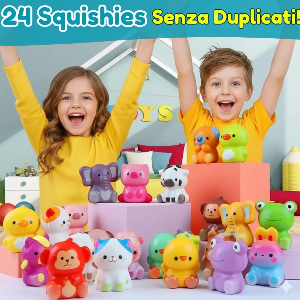 24 PCS Squishy Animali + Sacchetti Regalo Singoli, Giochi Antistress, Tocco Morbido, Espansione Lenta, Gadget Compleanno Bambini | Pack 24 Squishy + Sacchetti Regalo